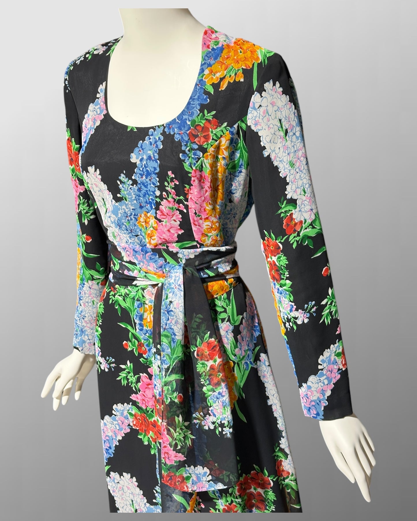 RAZOOK'S vintage 1970s evening dress, poly chiffon floral maxi dress