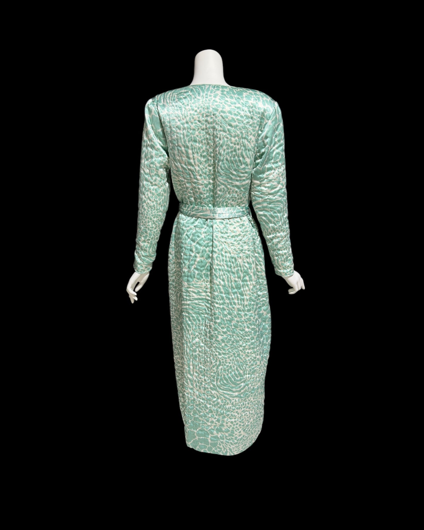MARY MCFADDEN 1980s vintage robe housecoat, celadon green wrap front quilted dressing gown