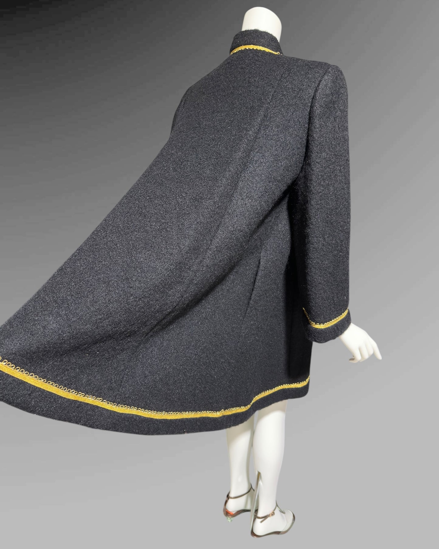 TRIGERE 1980s mohair swing coat, for SAKS 5th Ave Black mohair gold metallic cord