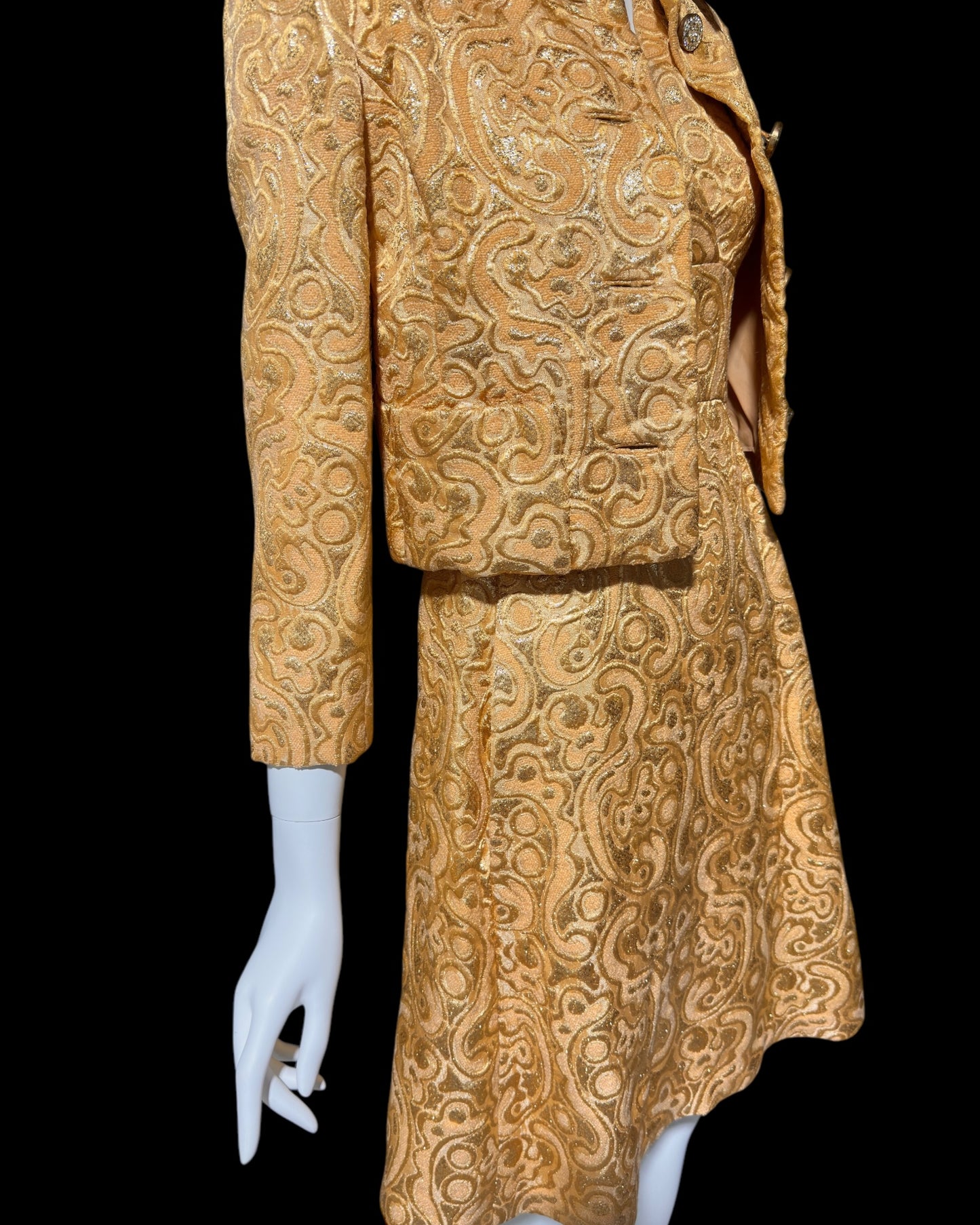 MALCOLM STARR Vintage dress jacket set, 1960s Apricot shiny gold brocade cocktail evening suit ensemble, dress and matching jacket
