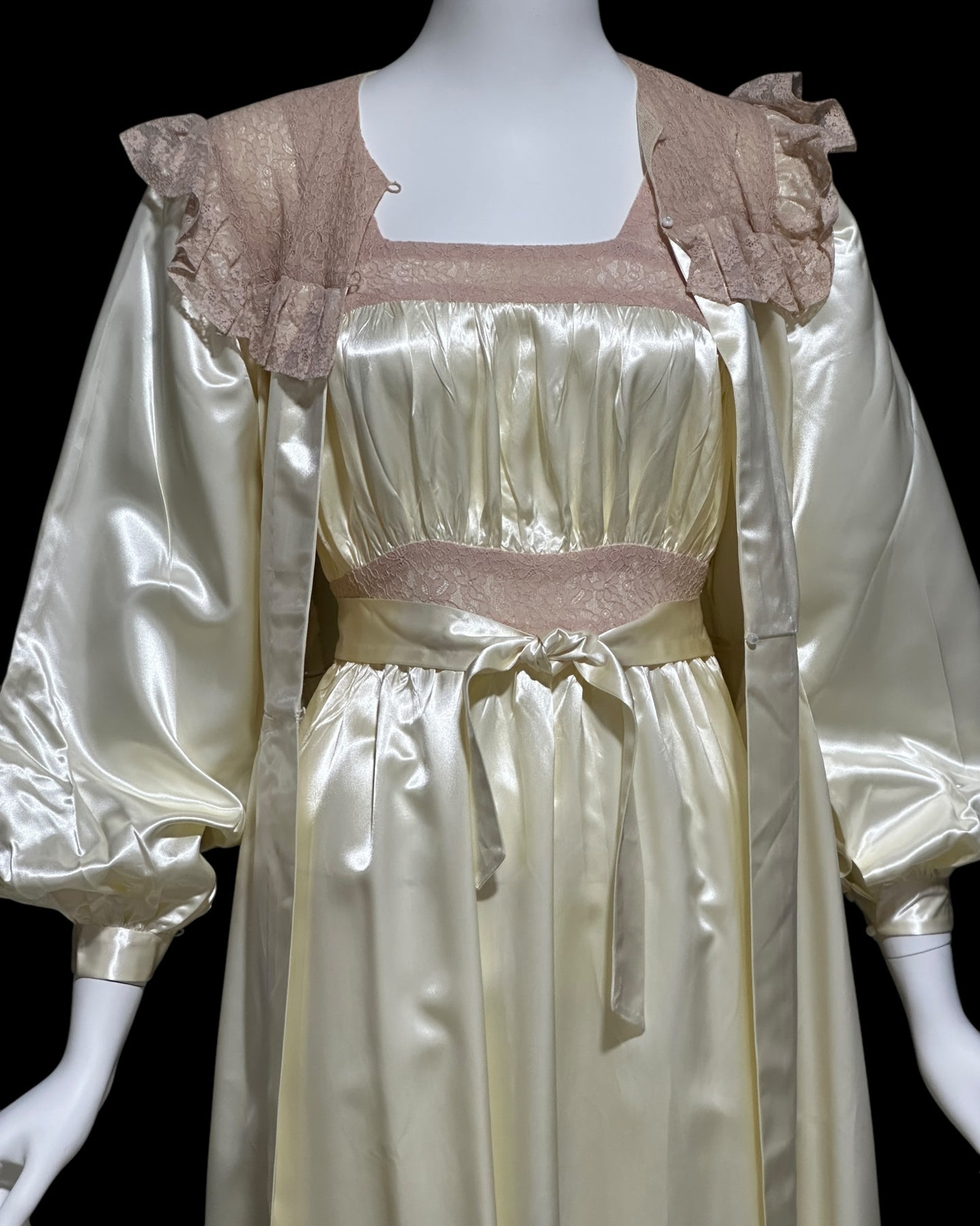 1930s vintage nightgown robe set, candlelight cream and old rose shiny night dress bridal trousseau