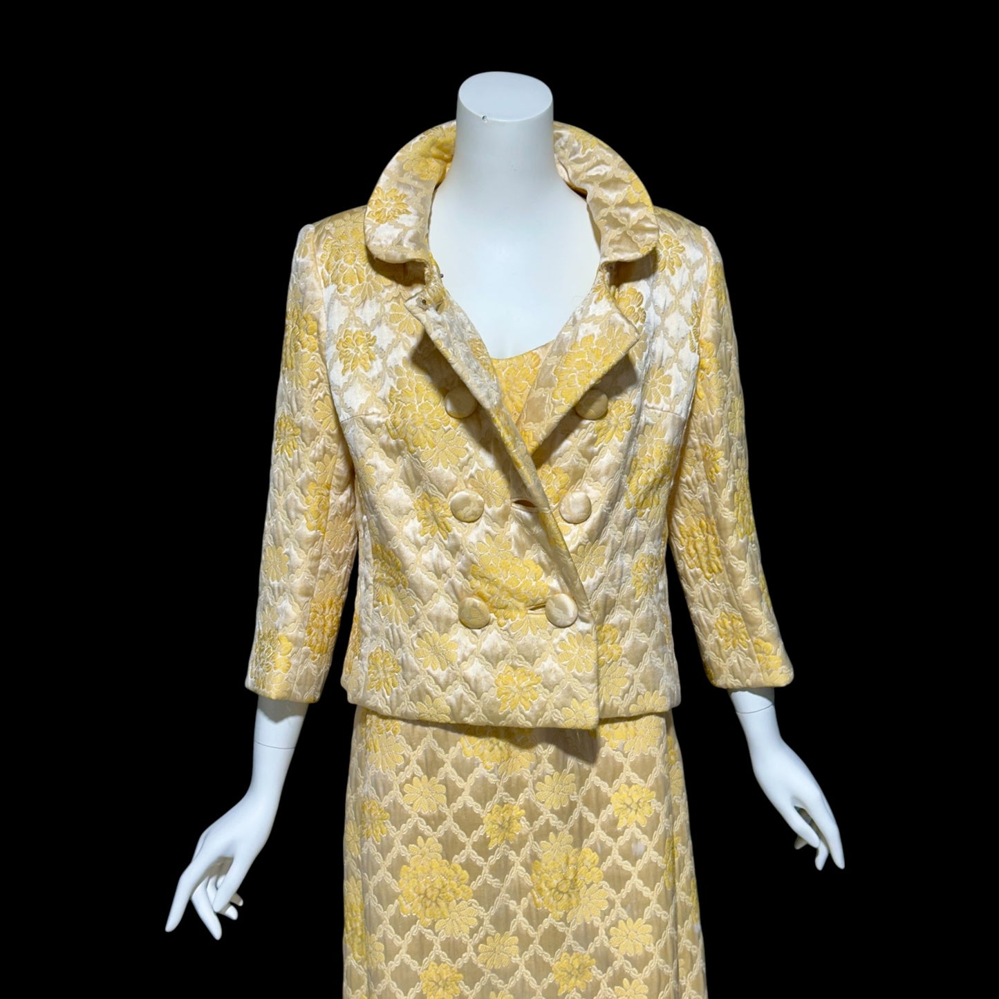 MOLLIE PARNIS Nan Duskin 1960s vintage evening dress, gold floral silk damask 2 pc gown and matching coat ensemble