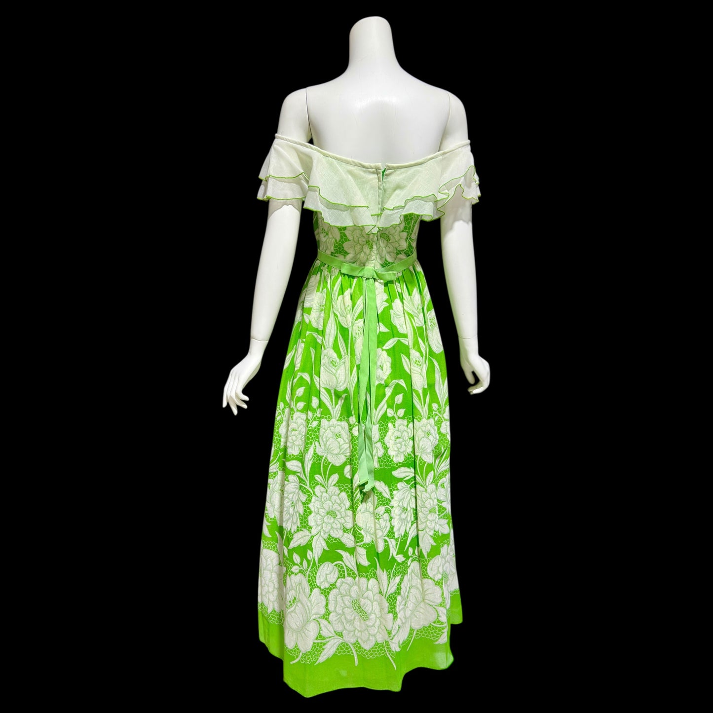 1970s vintage off shoulder maxi dress, Ruffle collar, sheer green and white floral, organza evening party dress