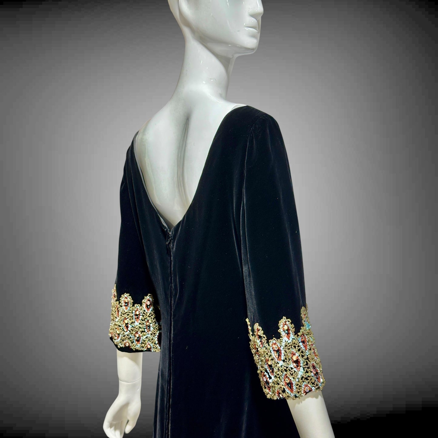 CAMEO vintage evening dress, for Bonwit Teller, 1960s black velvet beaded gown