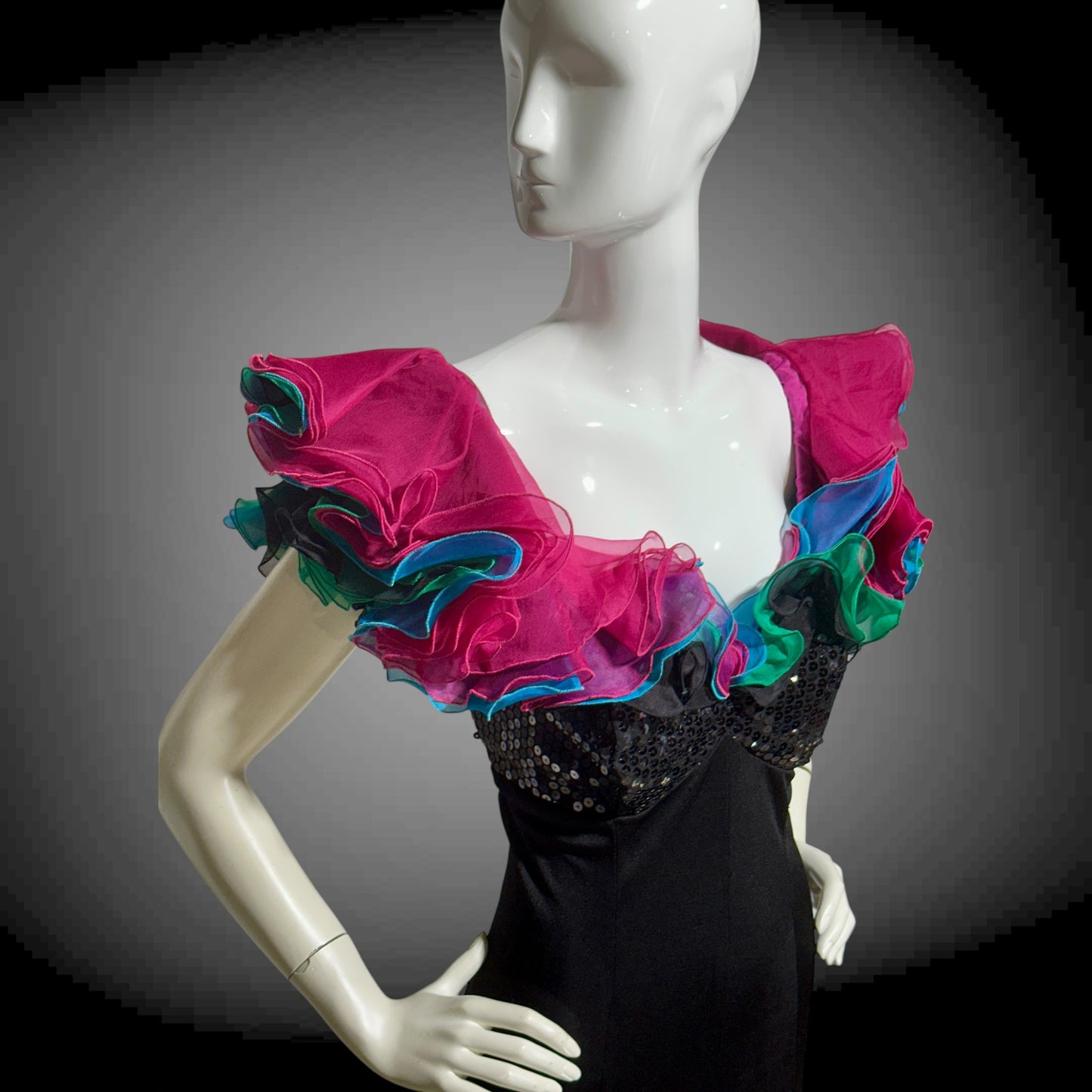EUGENE ALEXANDER, vintage 1980s evening gown, Black sheath dress, HUGE ruffle collar, Sequin Bodice, on or off shoulders