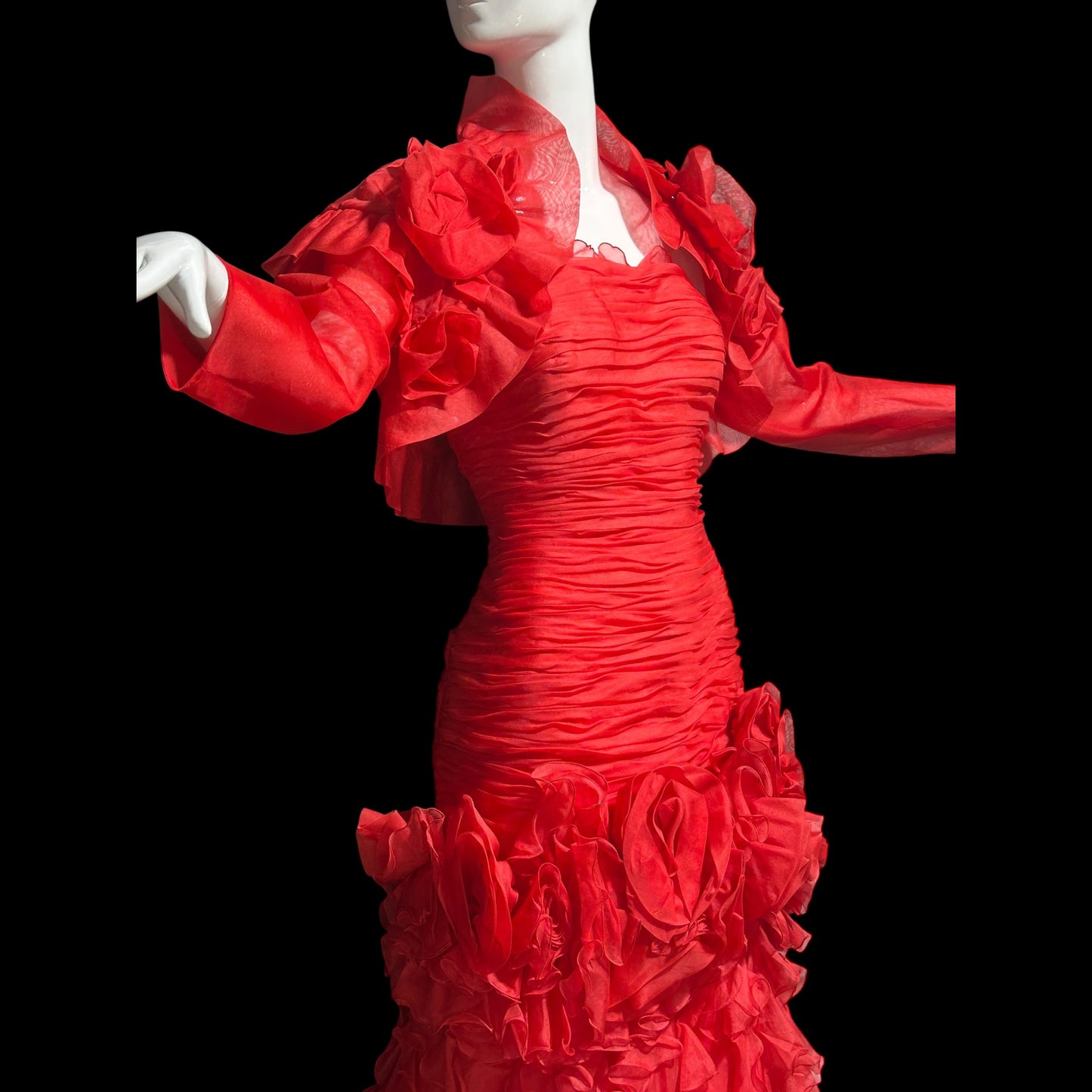 BELLVILLE SASSOON Lorcan Mullany, vintage 1980s evening dress, Red mermaid sheath gown, strapless tiered ruffles with matching bolero