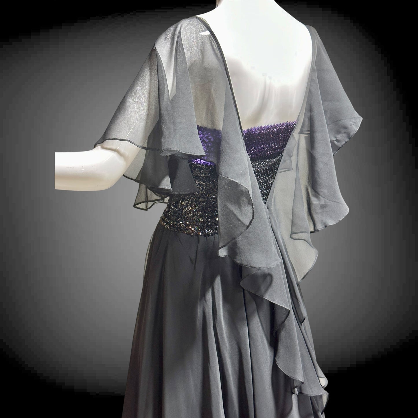 JEAN VARON, Made in England, vintage 1970s sequin and chiffon scarf evening dress