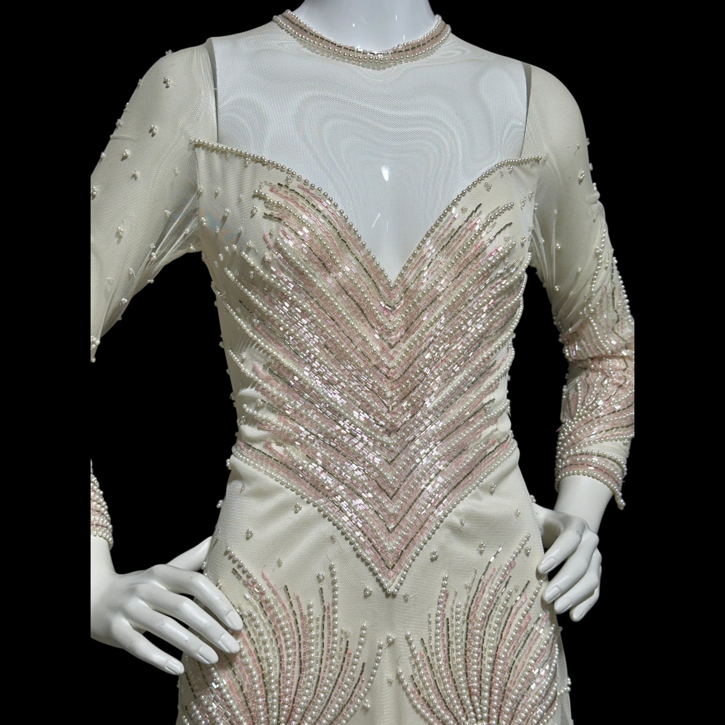 CARLOTA ALFARO, vintage 1980s evening gown, White pink beaded mermaid dress, ruffled bottom, illusion neckline