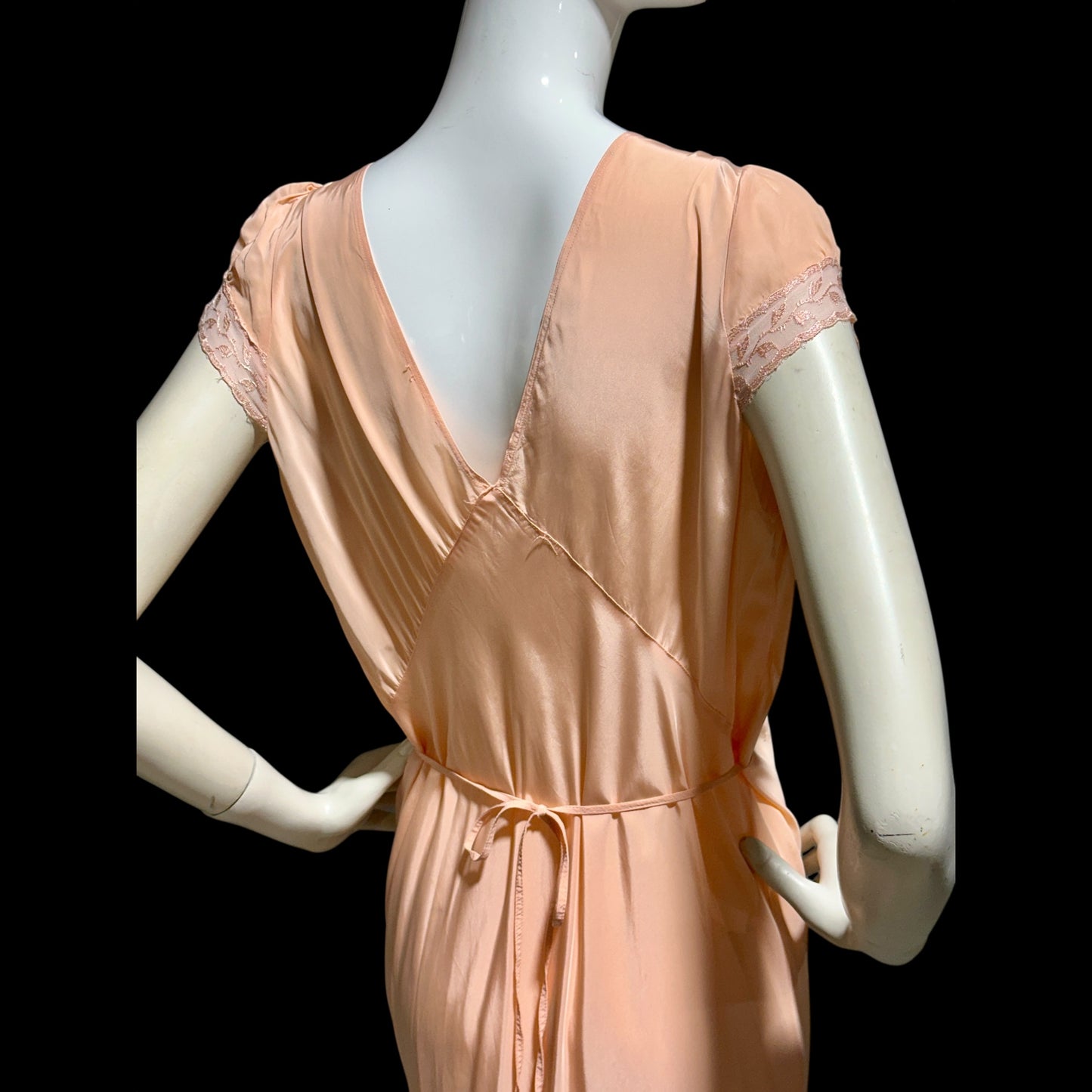 1940s vintage nightgown slip dress, Shiny peach bias cut rayon slip dress, full length, cap sleeves