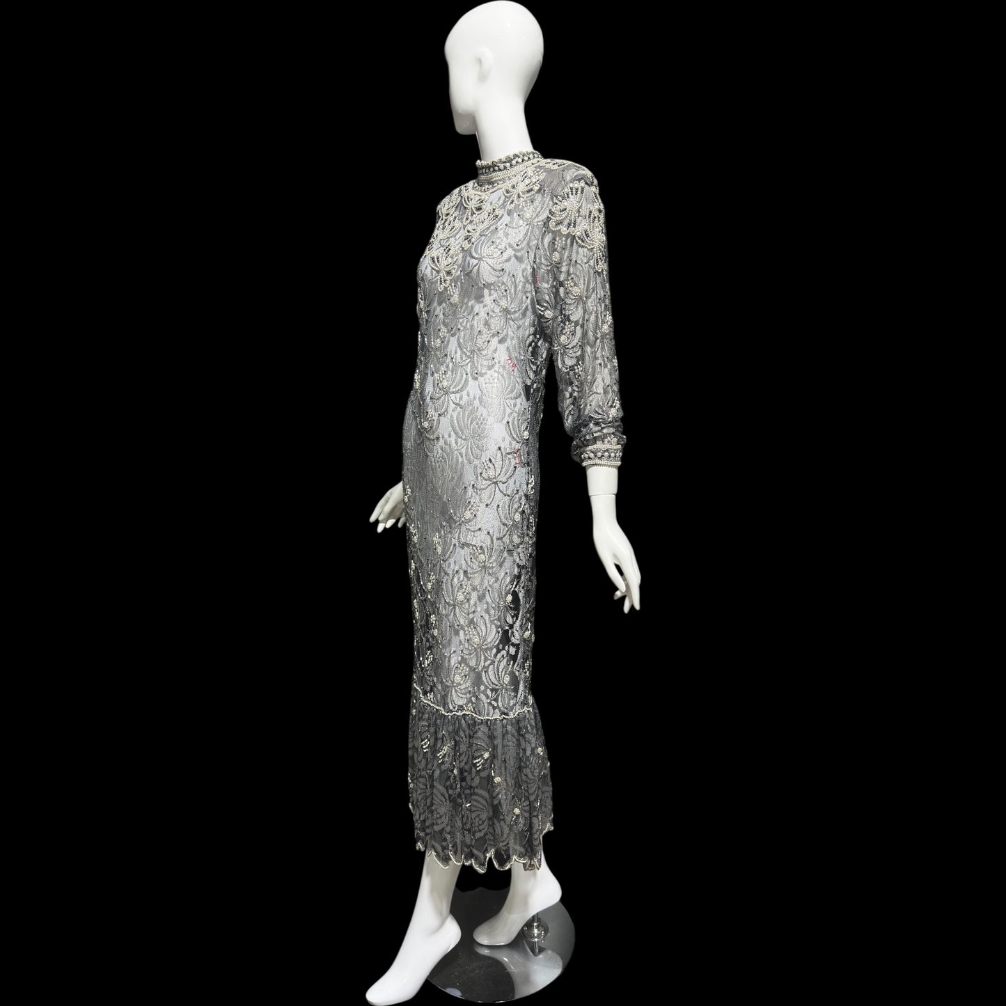 JUDITH ANN, Vintage 1980s sheer beaded dress, Black sheer mesh with beads, Hight neck with ruffle sheath cocktail party dress