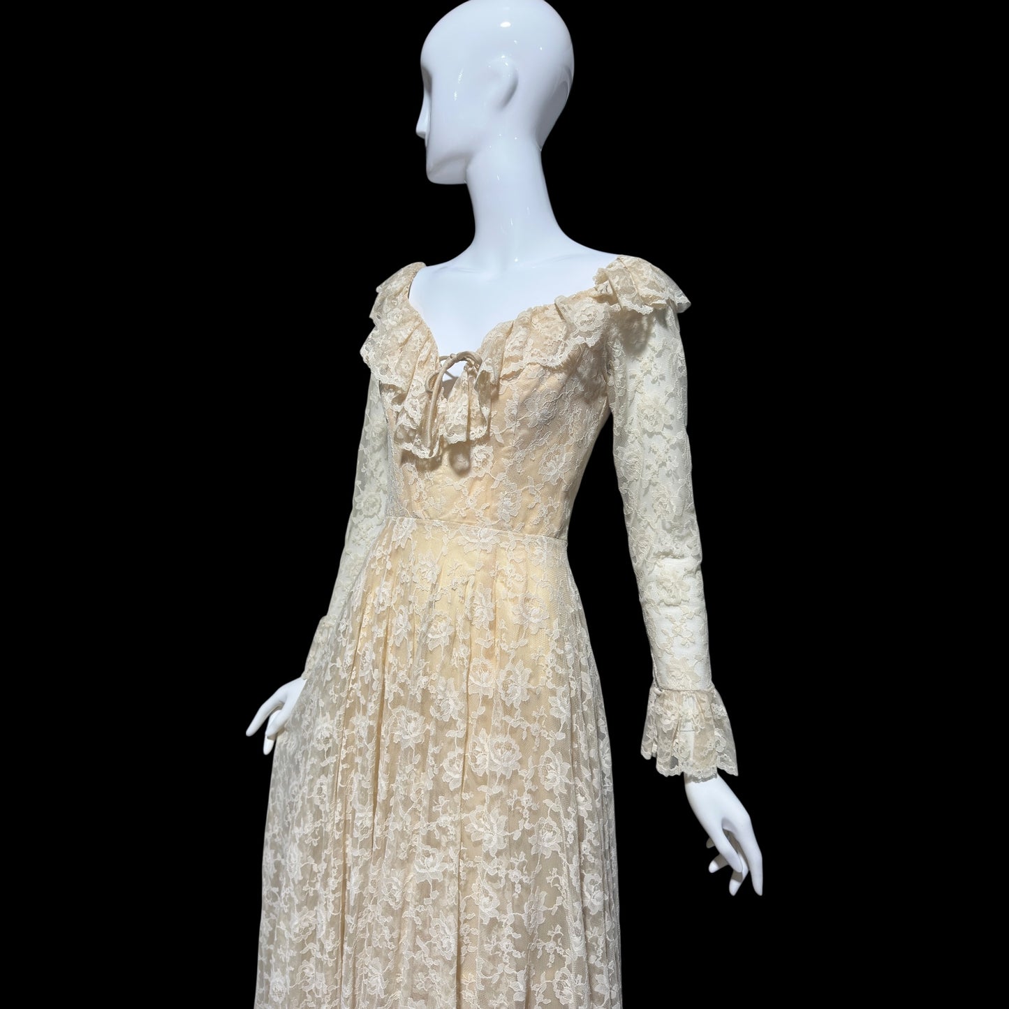 LES WILK 1970s vintage evening dress, lace beige ruffle deep V neckline full sweep wedding dress