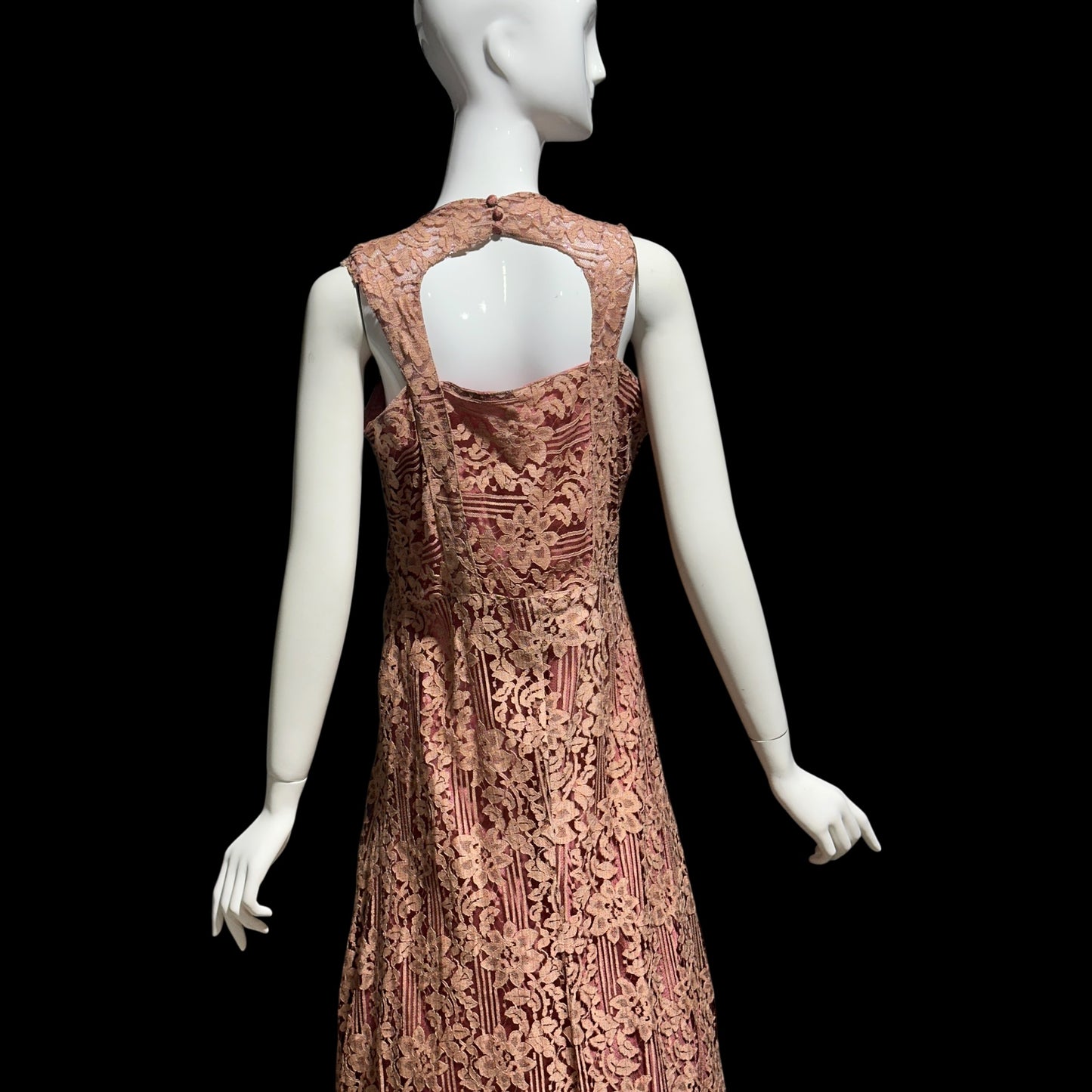 1930s vintage evening dress, Dusty pink lace sheath gown, fully lined