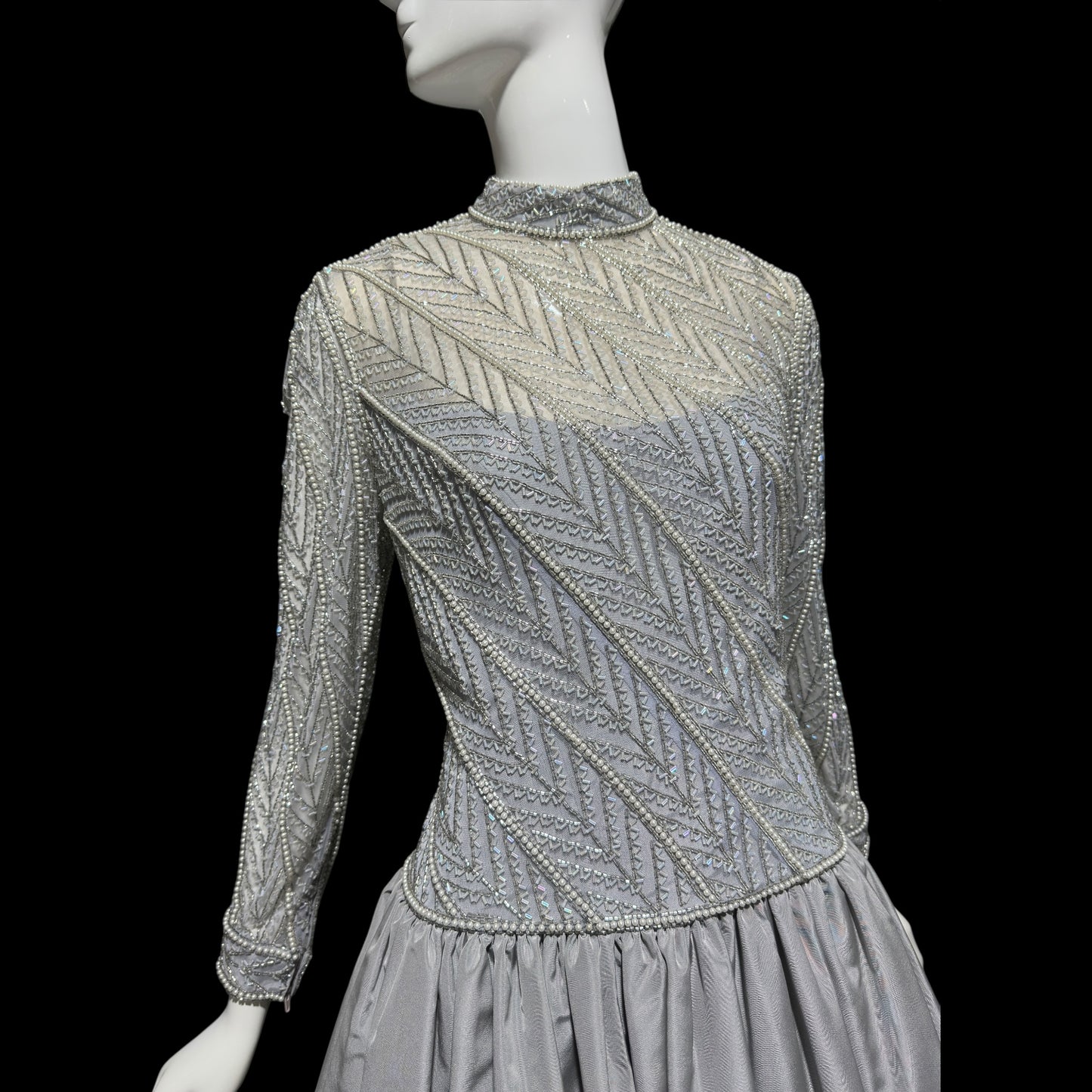 BOB MACKIE, vintage 1980s evening dress ball gown, Silver grey heavily beaded taffeta gown, Long sleeve high neck