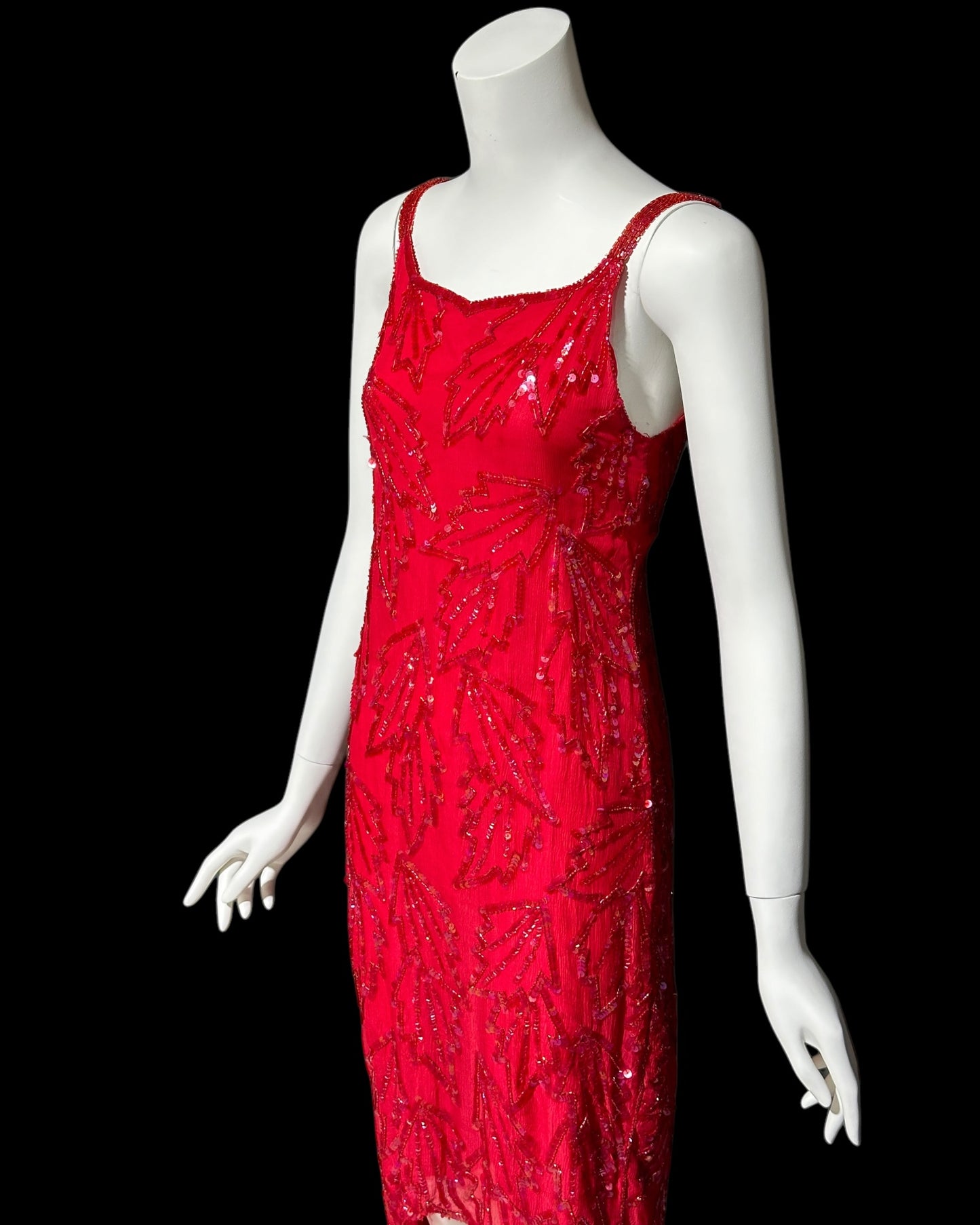 KAYE LOUISE vintage 1990s dress, red 100% silk and sequin beaded cocktail party slip dress