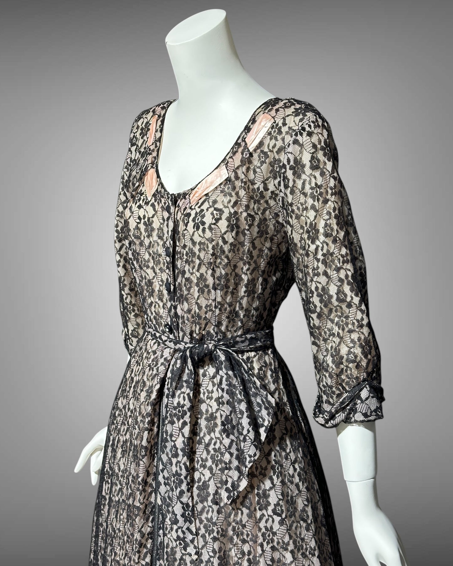 FLOBERT vintage 1940s black lace dressing gown robe, sheer black lace with pink ribbon trim