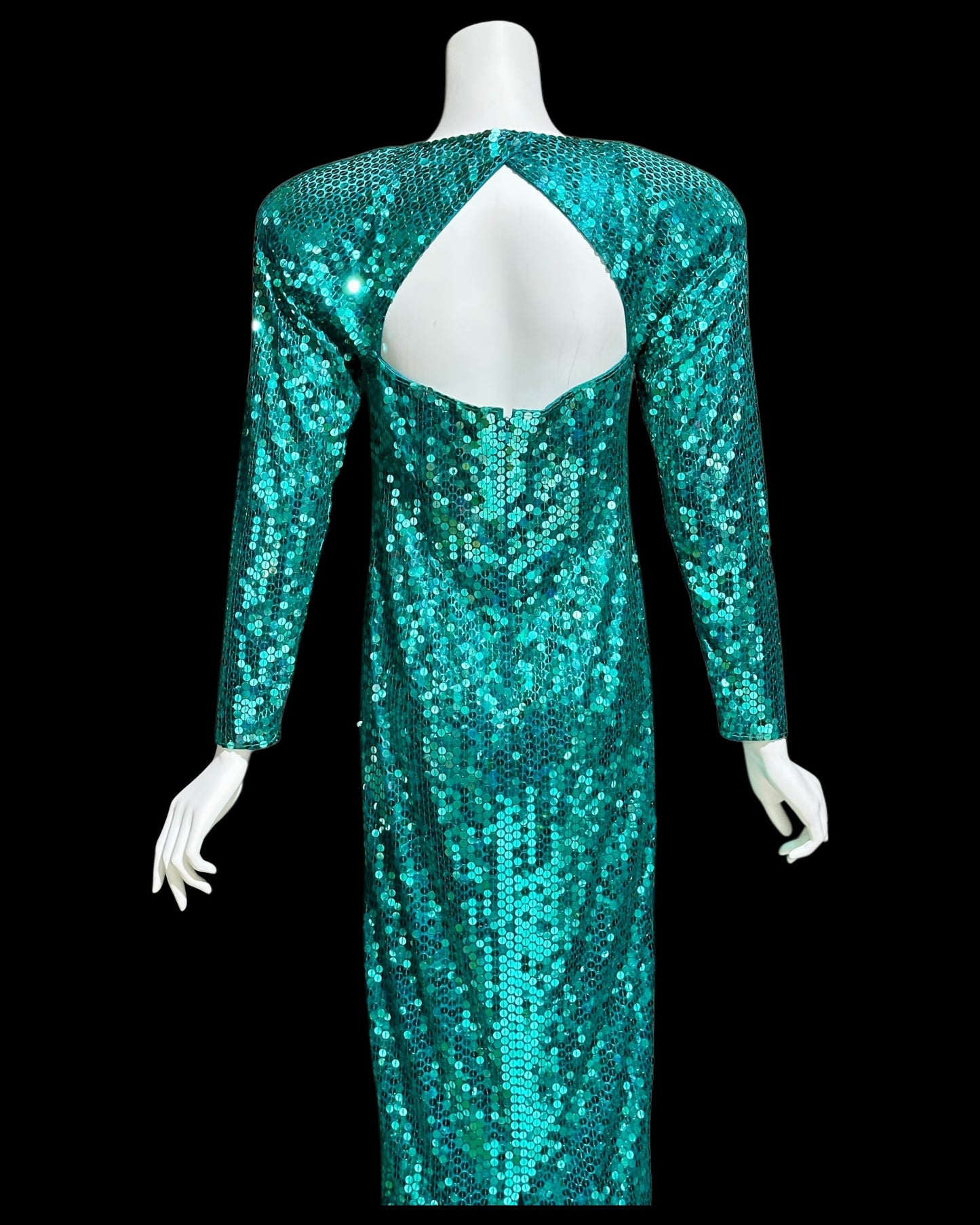 OLEG CASSINI vintage 1980s bodycon sequin evening gown, Mermaid teal green sheath gown with open back
