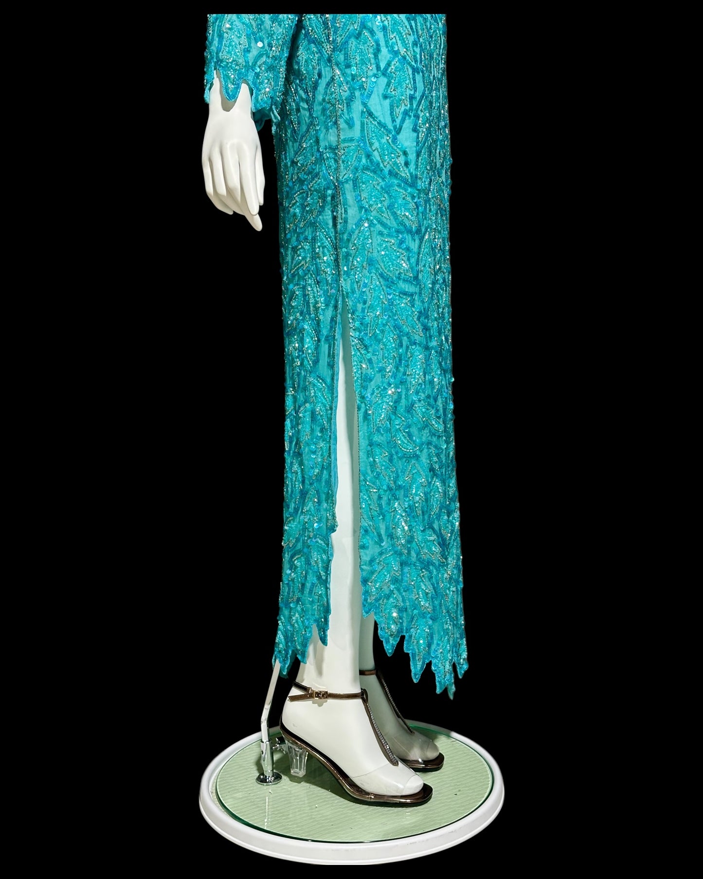 1980s Vintage Turquoise blue silk beaded full length sheath evening gown, Silver beads long sleeves and sequins