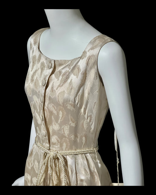 B. COHEN vintage 1940s silk dressing evening gown, house dress, ivory gold metallic feather button front