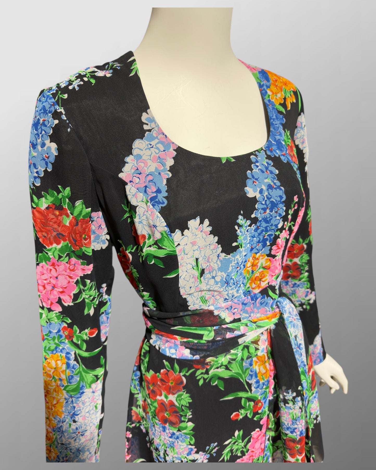RAZOOK'S vintage 1970s evening dress, poly chiffon floral maxi dress