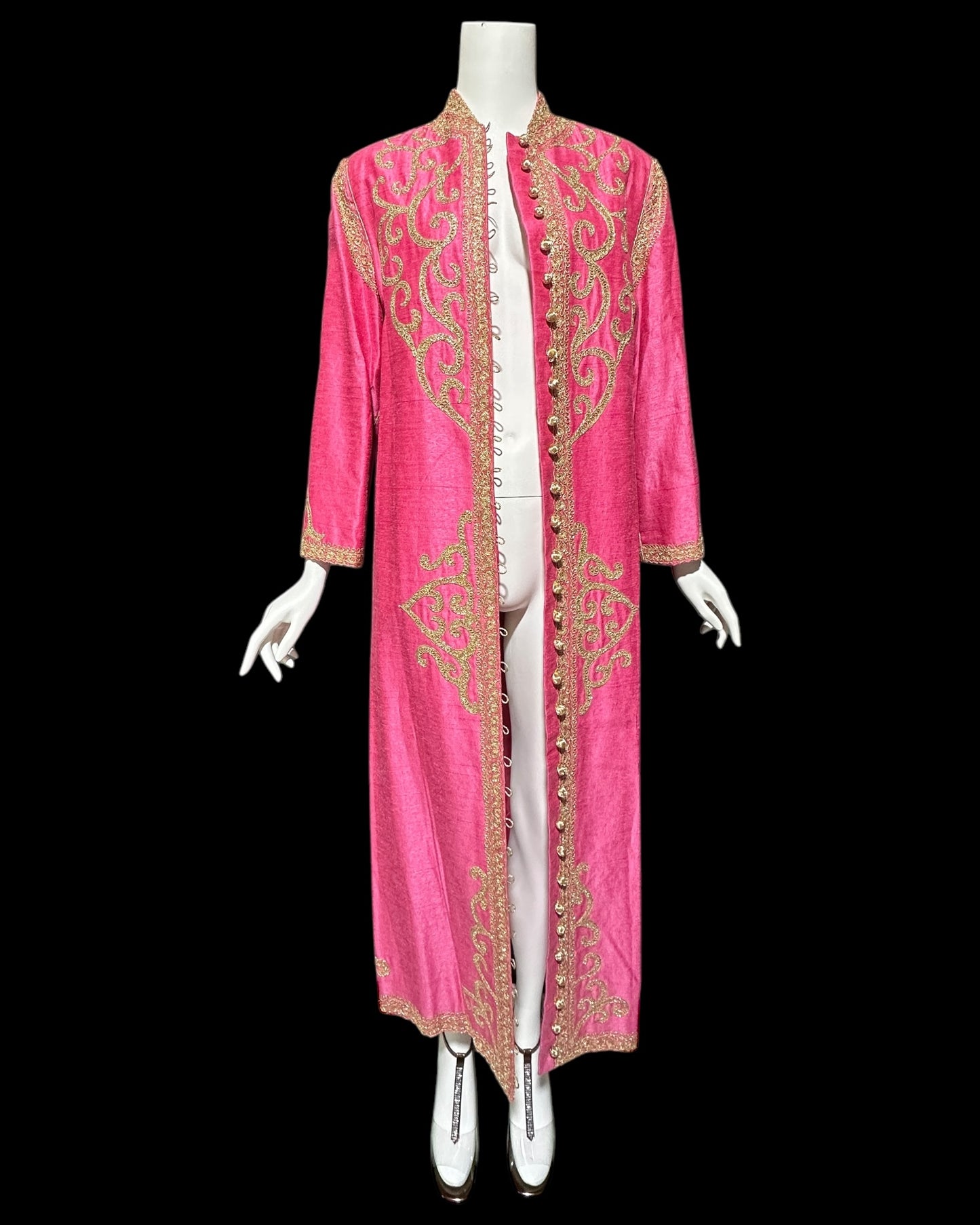 MOROCCAN KAFTAN vintage 1960s raw silk caftan evening dress, Hand Made Hot Pink and gold metallic
