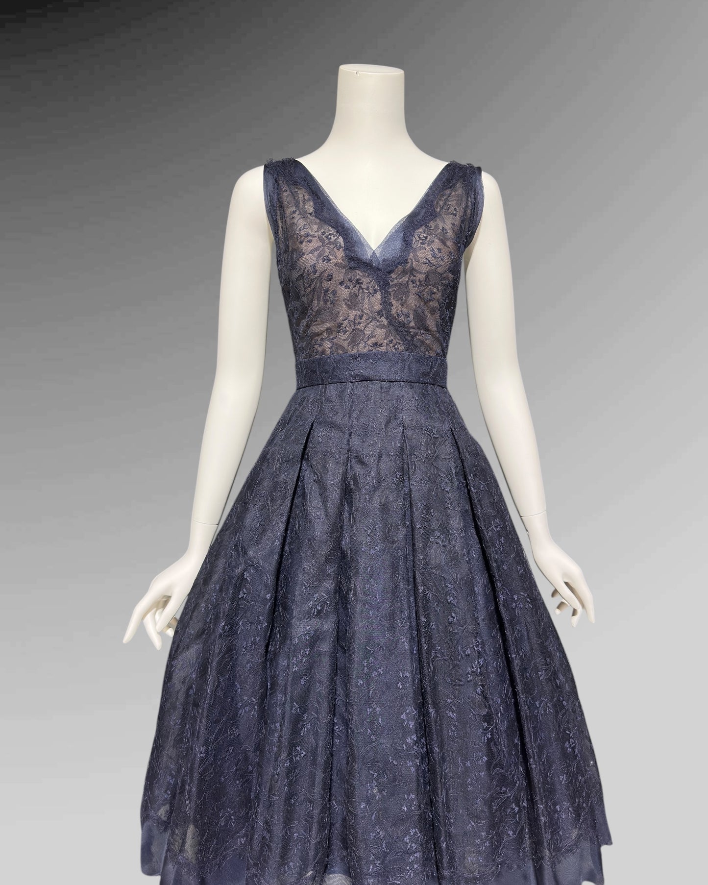 OLDRIC ROYCE by Tony Abate, vintage 1950s evening cocktail dress, navy organza fit and flare party dress