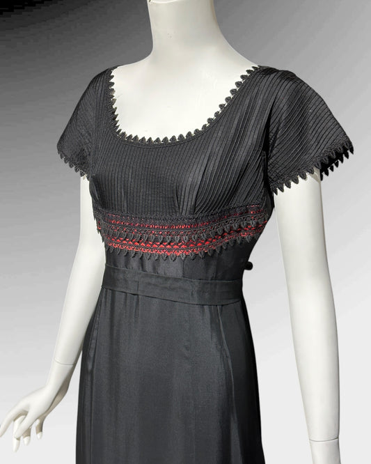 1960s vintage evening dress, Black and red satin gown, Pin tucks and see through lace