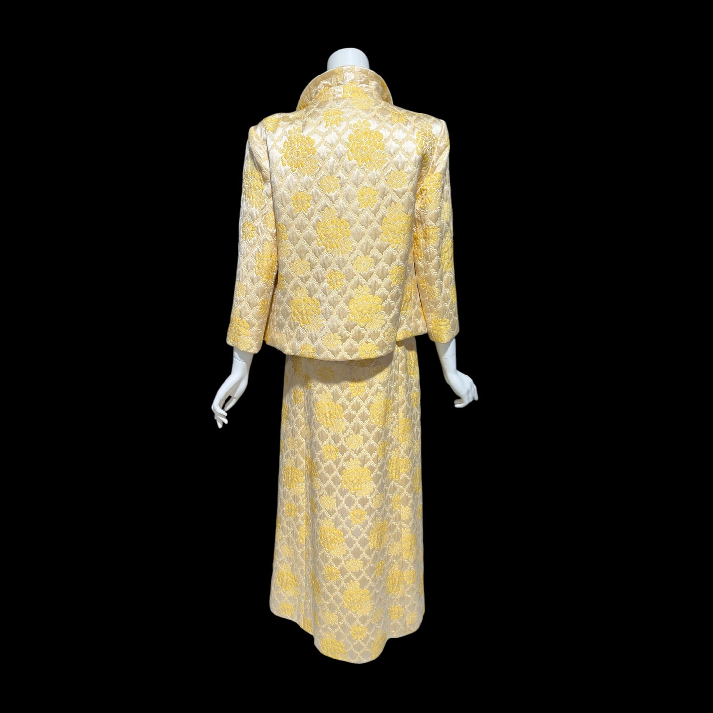 MOLLIE PARNIS Nan Duskin 1960s vintage evening dress, gold floral silk damask 2 pc gown and matching coat ensemble