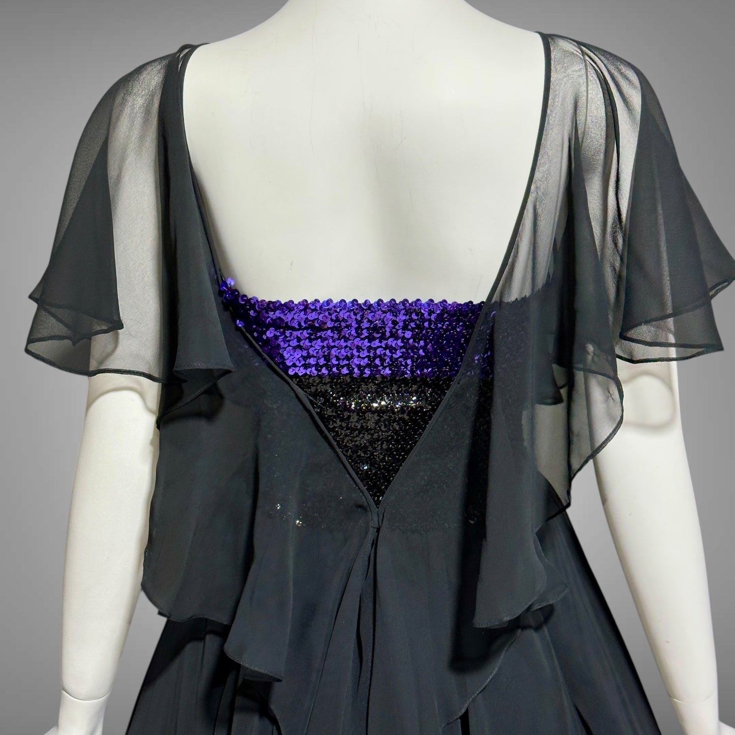 JEAN VARON, Made in England, vintage 1970s sequin and chiffon scarf evening dress