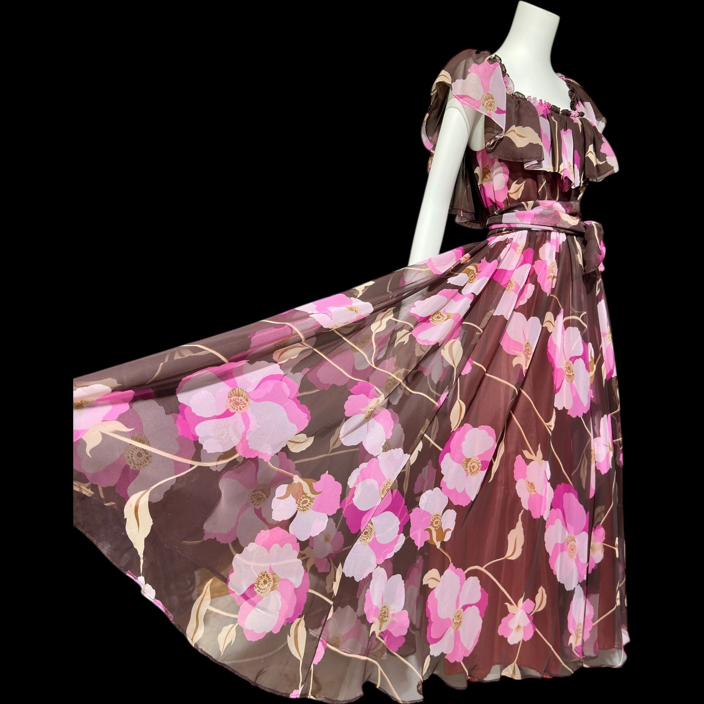 MIGNON New York, vintage 1970s floral Chiffon Maxi Dress, Chocolate Brown Hot Pink evening gown