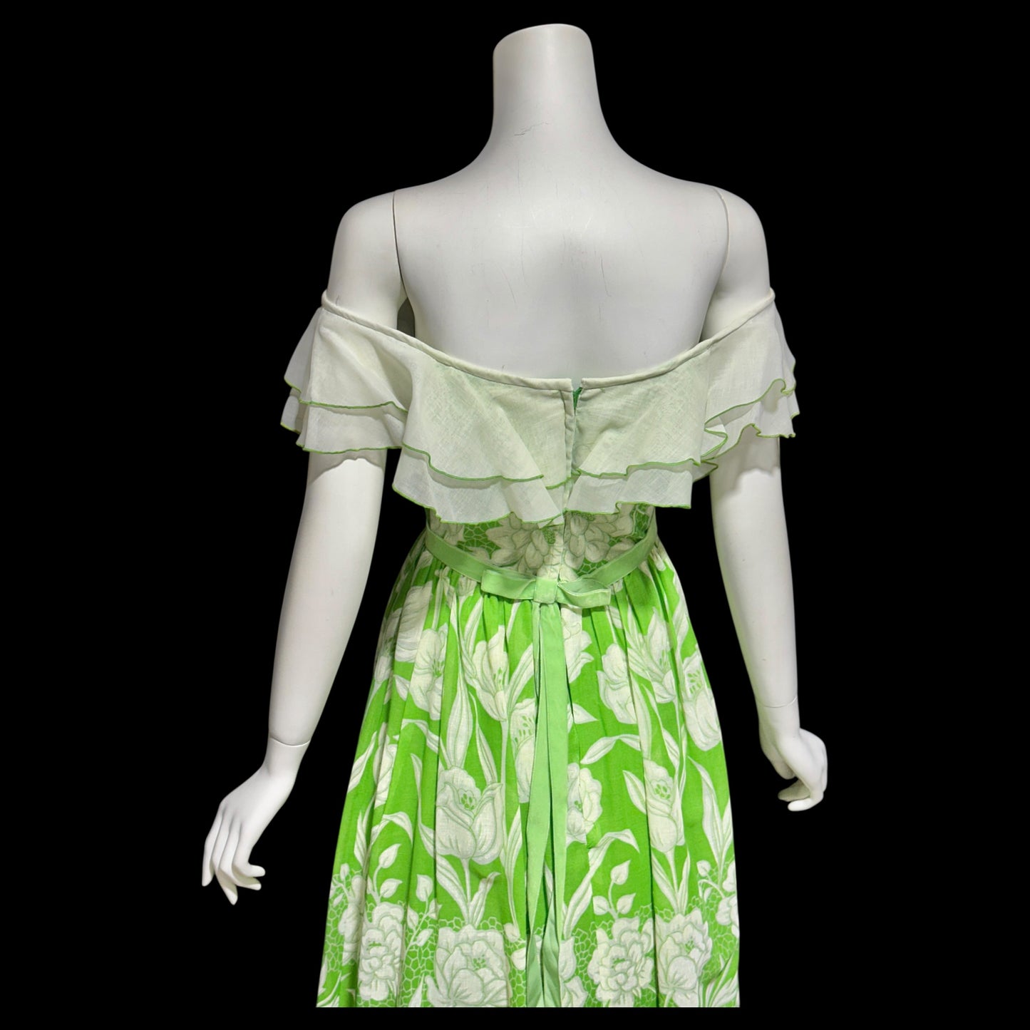 1970s vintage off shoulder maxi dress, Ruffle collar, sheer green and white floral, organza evening party dress
