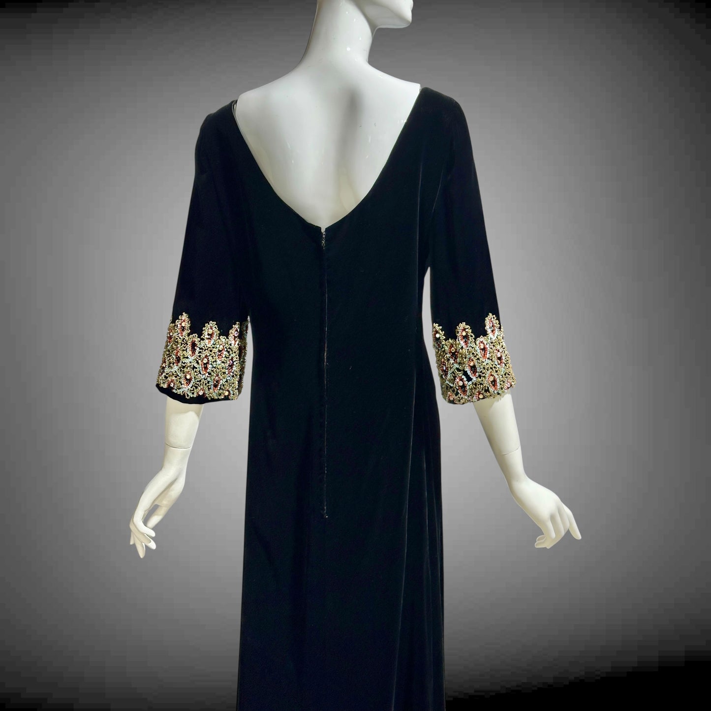CAMEO vintage evening dress, for Bonwit Teller, 1960s black velvet beaded gown