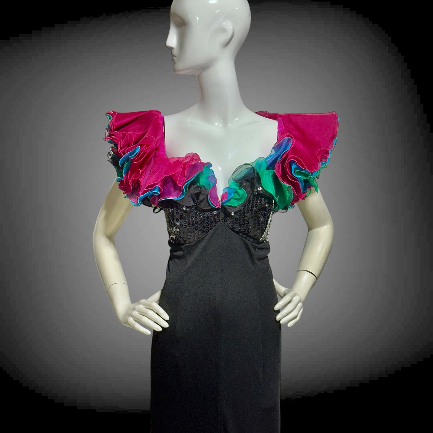 EUGENE ALEXANDER, vintage 1980s evening gown, Black sheath dress, HUGE ruffle collar, Sequin Bodice, on or off shoulders