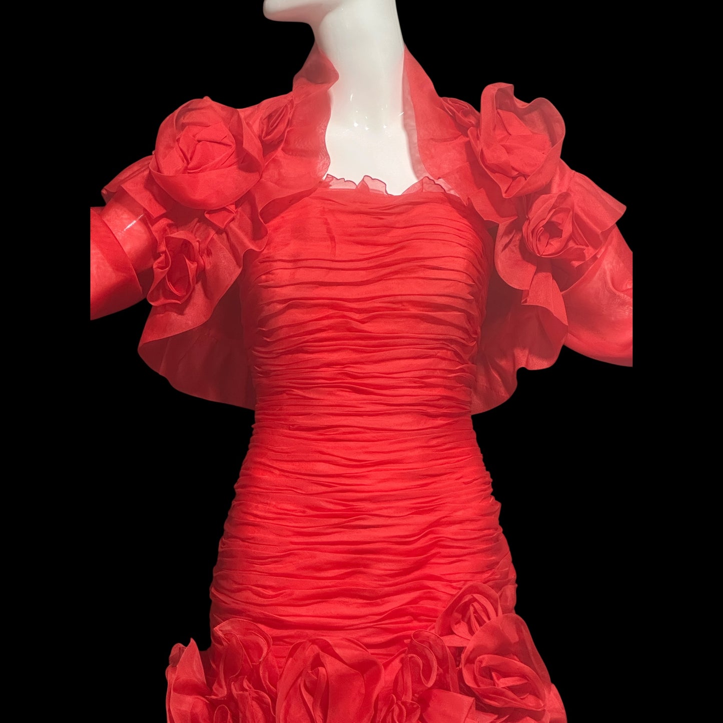 BELLVILLE SASSOON Lorcan Mullany, vintage 1980s evening dress, Red mermaid sheath gown, strapless tiered ruffles with matching bolero