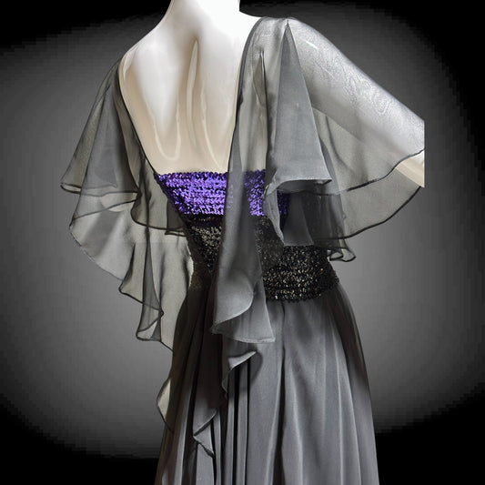 JEAN VARON, Made in England, vintage 1970s sequin and chiffon scarf evening dress