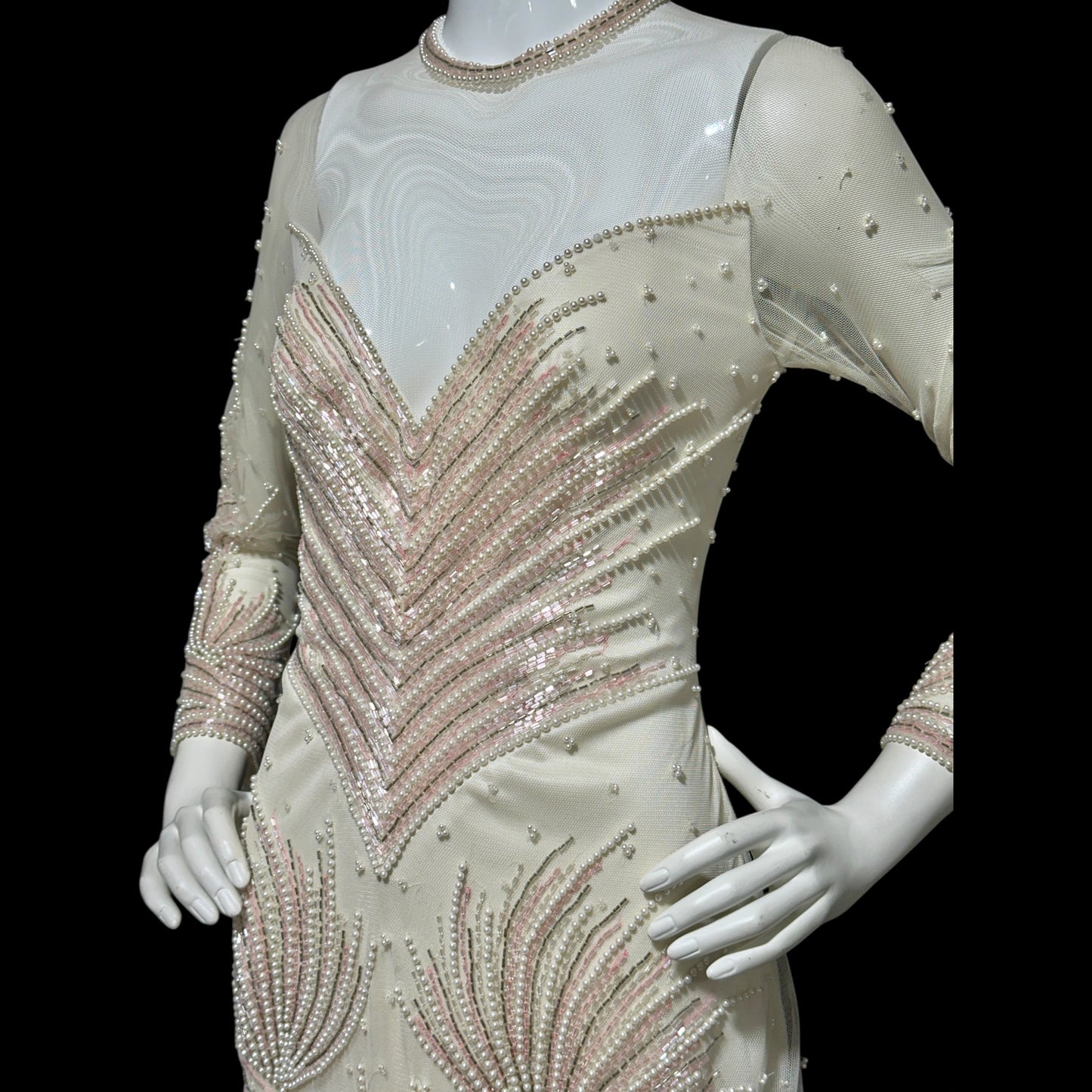 CARLOTA ALFARO, vintage 1980s evening gown, White pink beaded mermaid dress, ruffled bottom, illusion neckline
