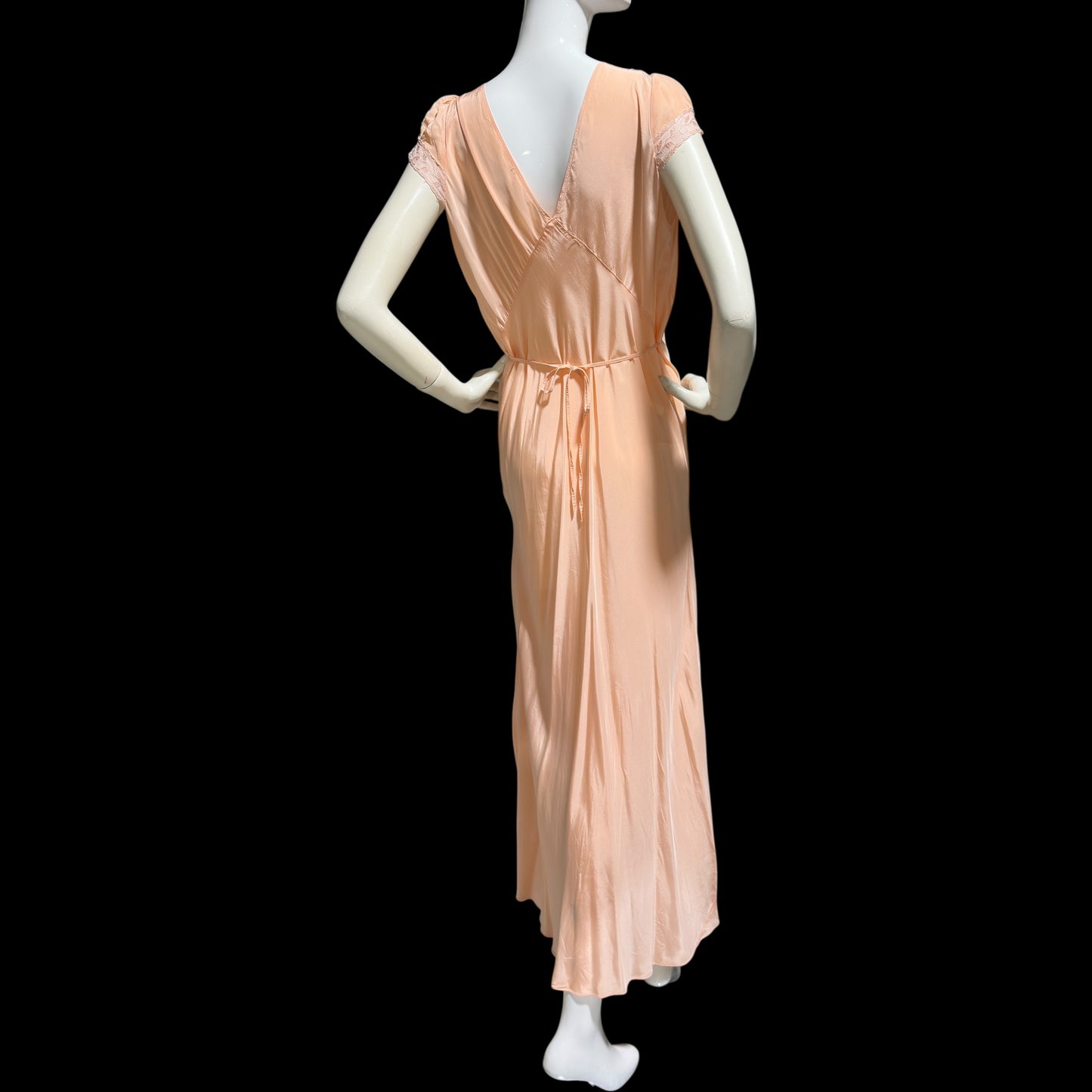 1940s vintage nightgown slip dress, Shiny peach bias cut rayon slip dress, full length, cap sleeves