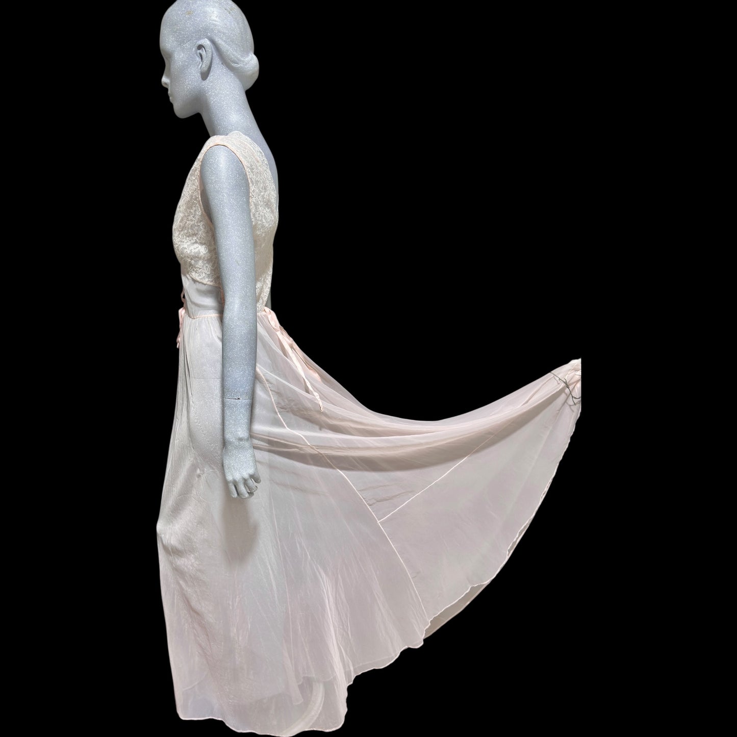 ODETTE BARSA vintage 1940s nightgown slip dress, Sheer pale pink with white lace full sweep Old Hollywood gown