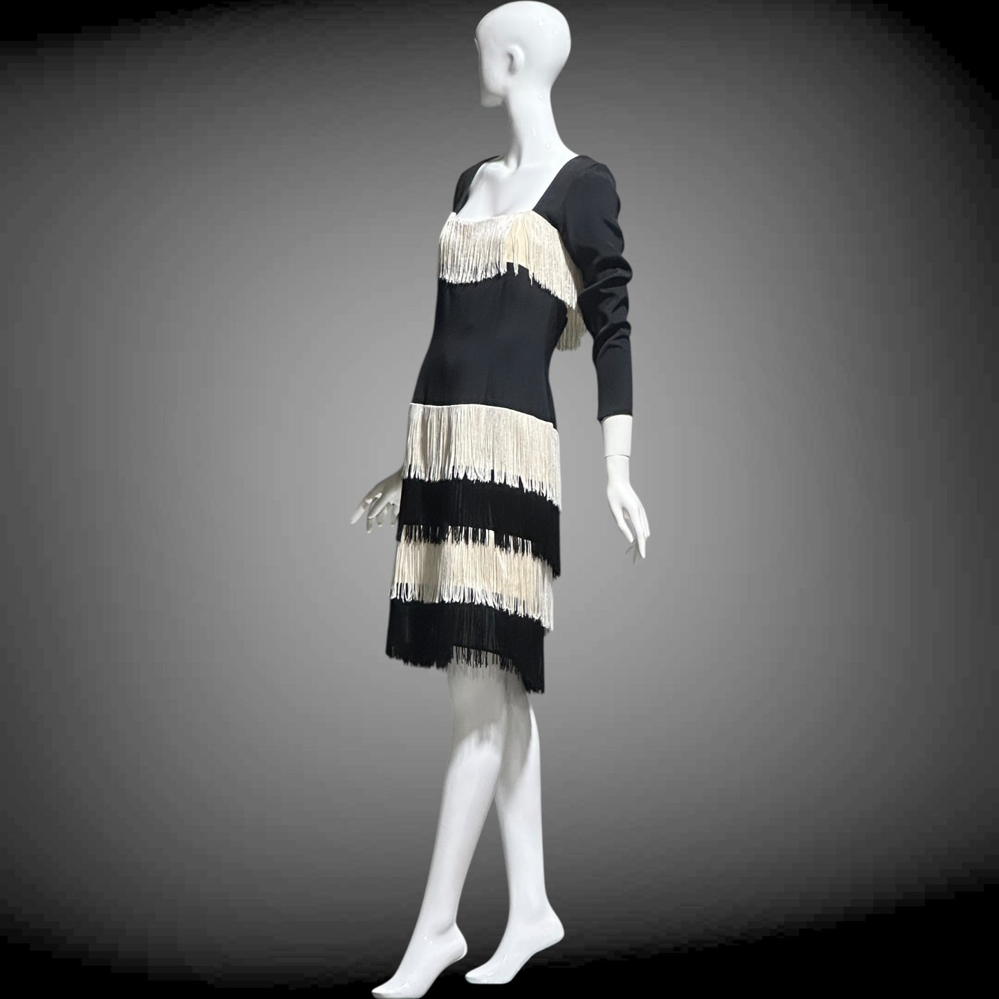 TRAVILLA vintage evening cocktail dress, 1960s black white fringed mod party dress