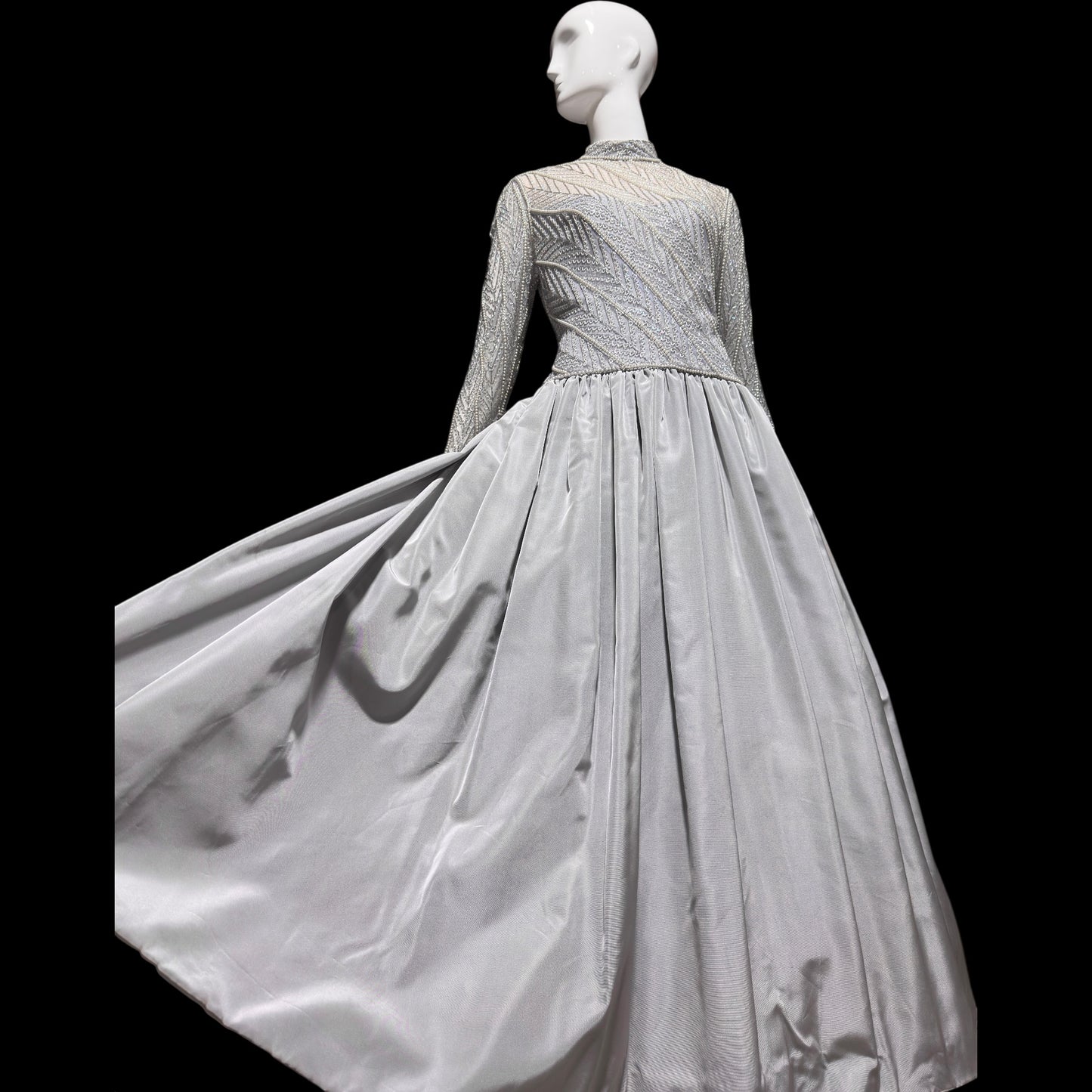 BOB MACKIE, vintage 1980s evening dress ball gown, Silver grey heavily beaded taffeta gown, Long sleeve high neck