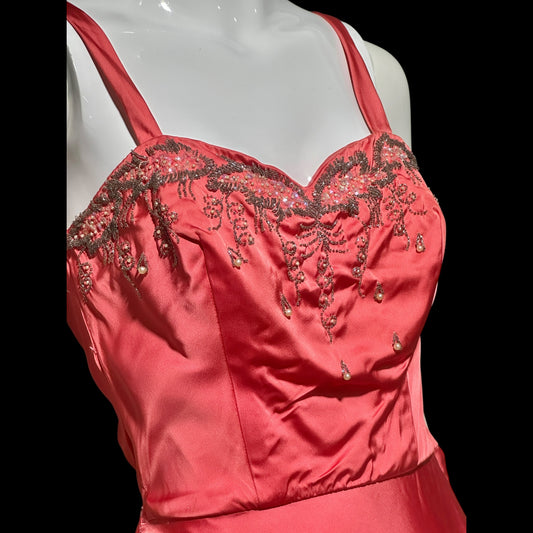 JULIUS GARFINCKEL & CO, vintage 1940s liquid satin beaded evening dress gown, Coppery Coral