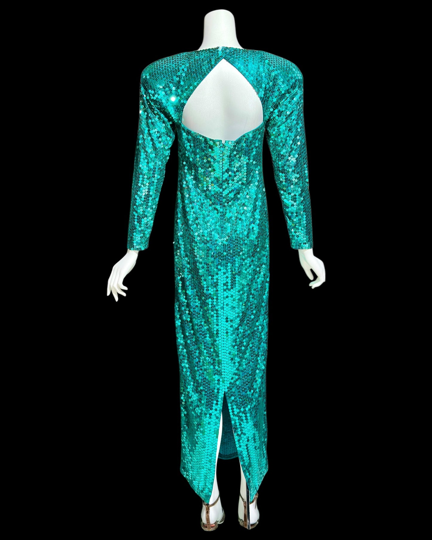 OLEG CASSINI vintage 1980s bodycon sequin evening gown, Mermaid teal green sheath gown with open back