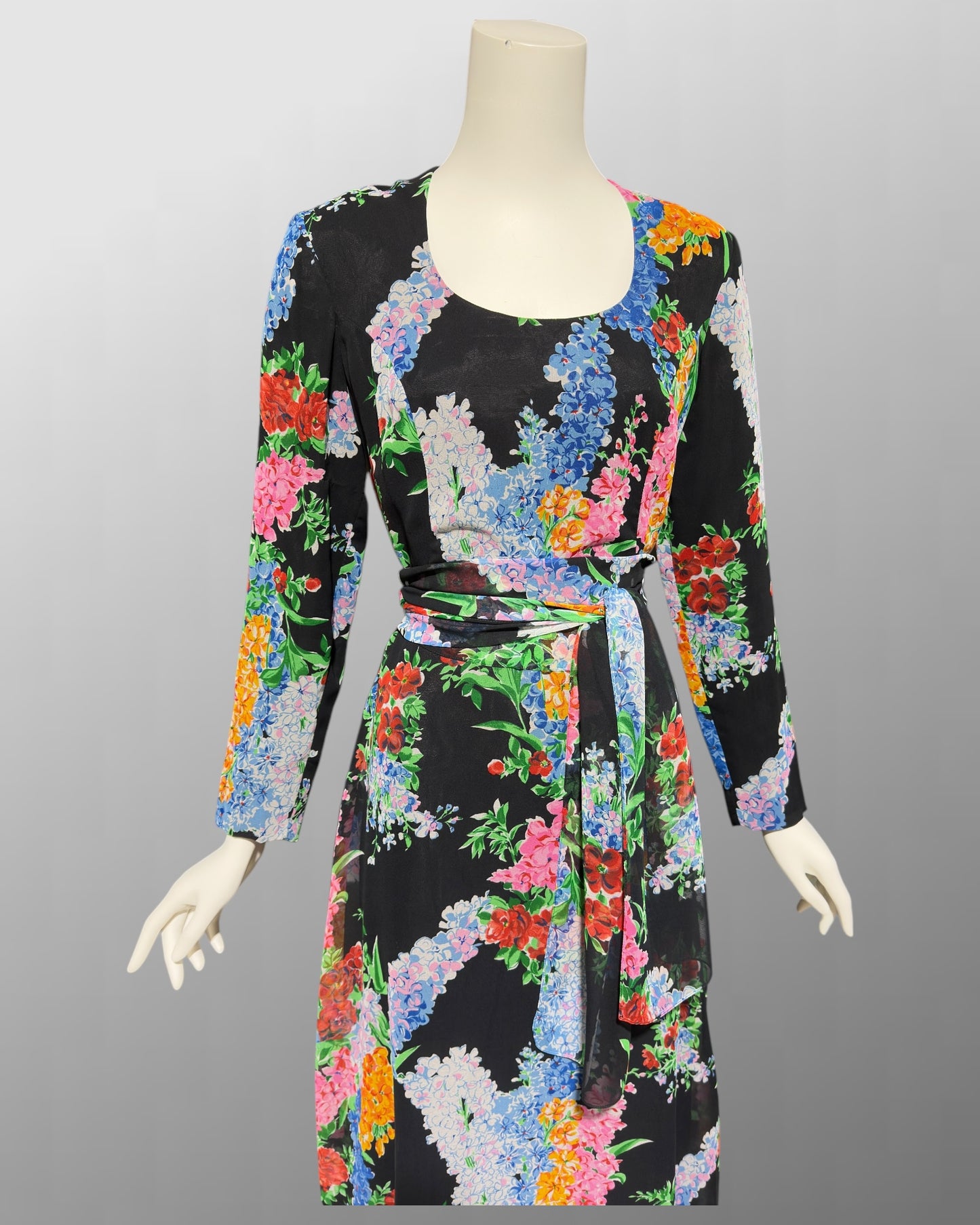RAZOOK'S vintage 1970s evening dress, poly chiffon floral maxi dress