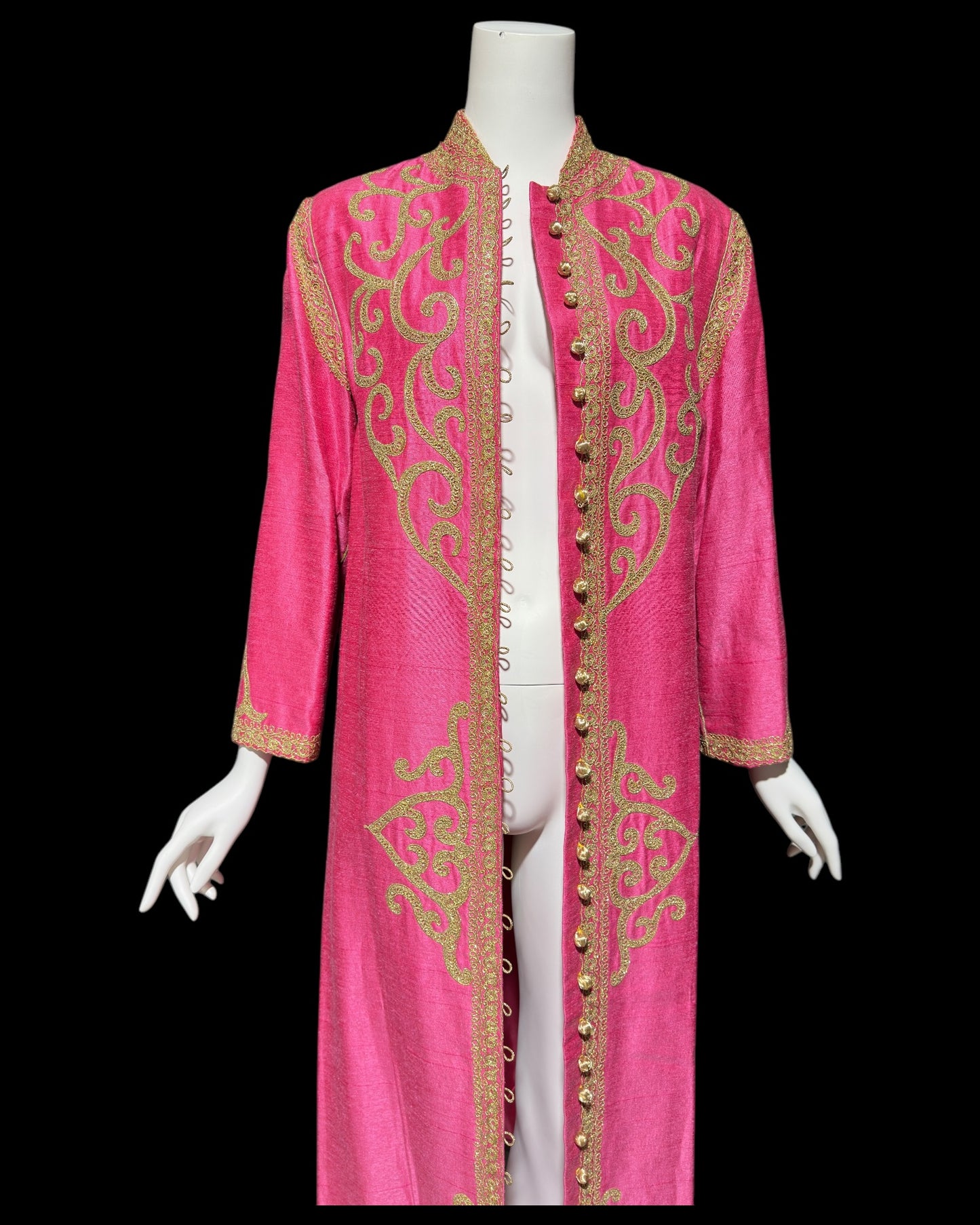MOROCCAN KAFTAN vintage 1960s raw silk caftan evening dress, Hand Made Hot Pink and gold metallic