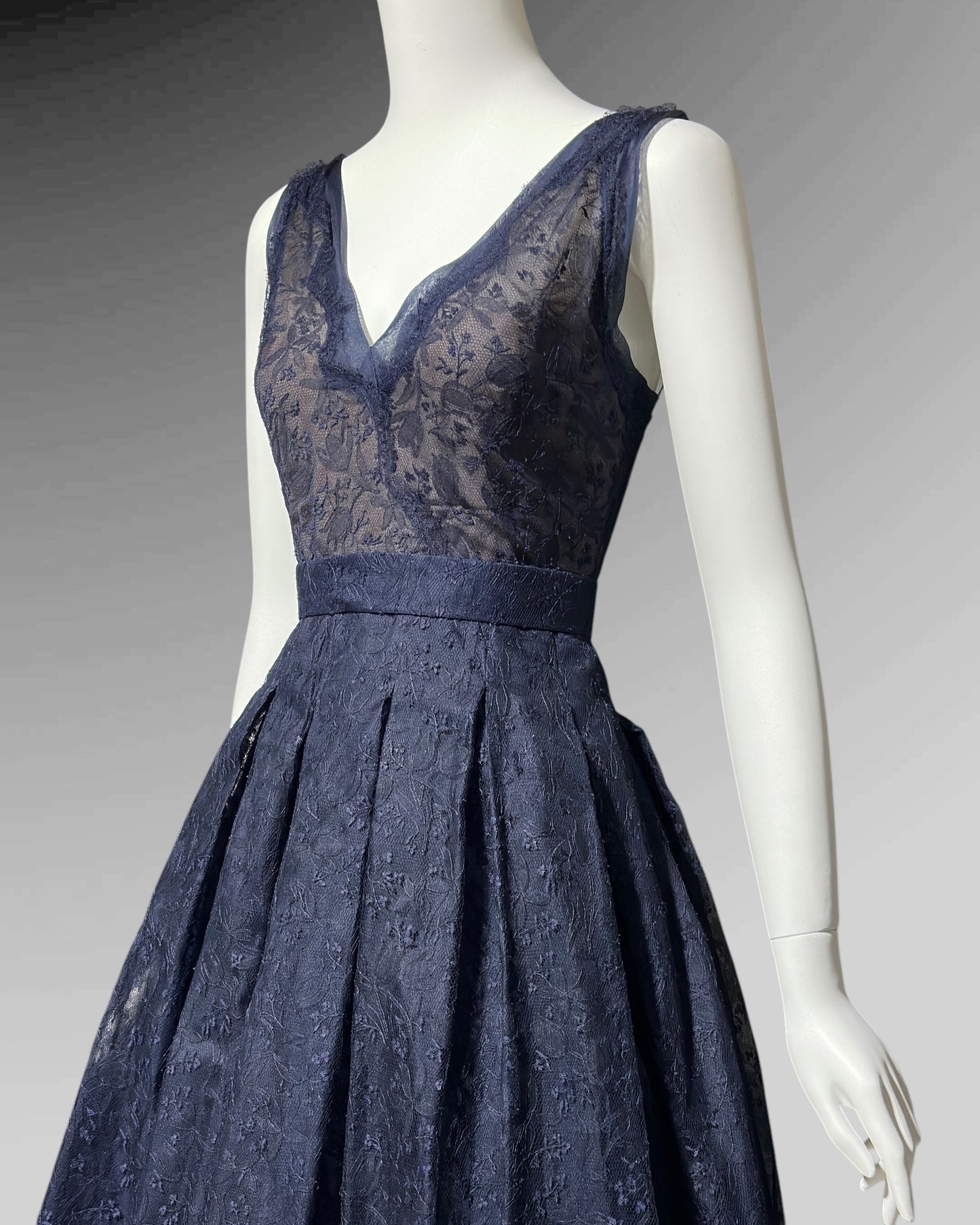 OLDRIC ROYCE by Tony Abate, vintage 1950s evening cocktail dress, navy organza fit and flare party dress