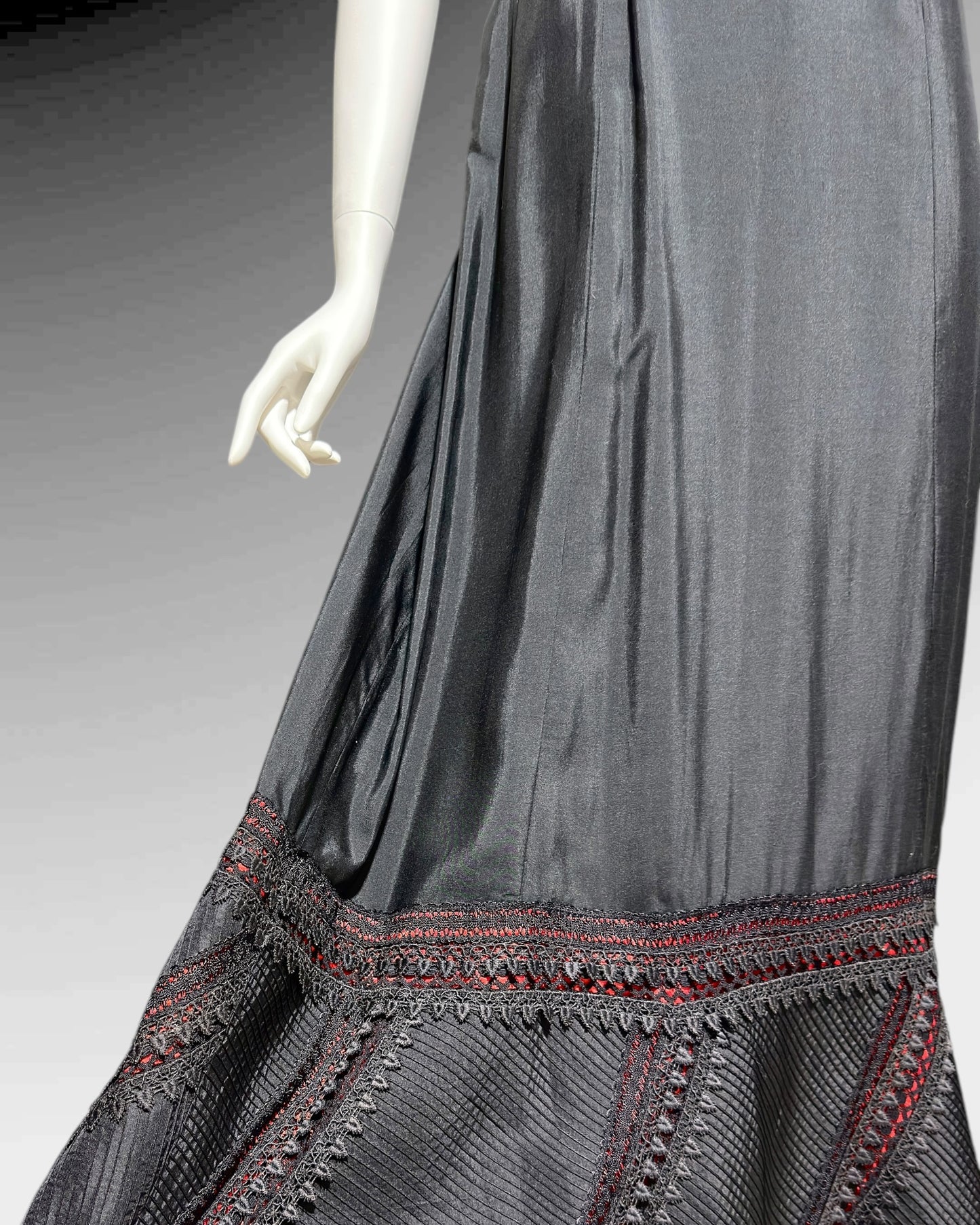 1960s vintage evening dress, Black and red satin gown, Pin tucks and see through lace