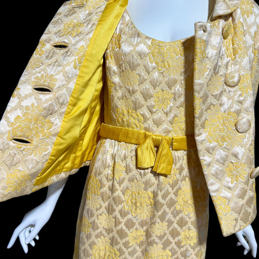 MOLLIE PARNIS Nan Duskin 1960s vintage evening dress, gold floral silk damask 2 pc gown and matching coat ensemble