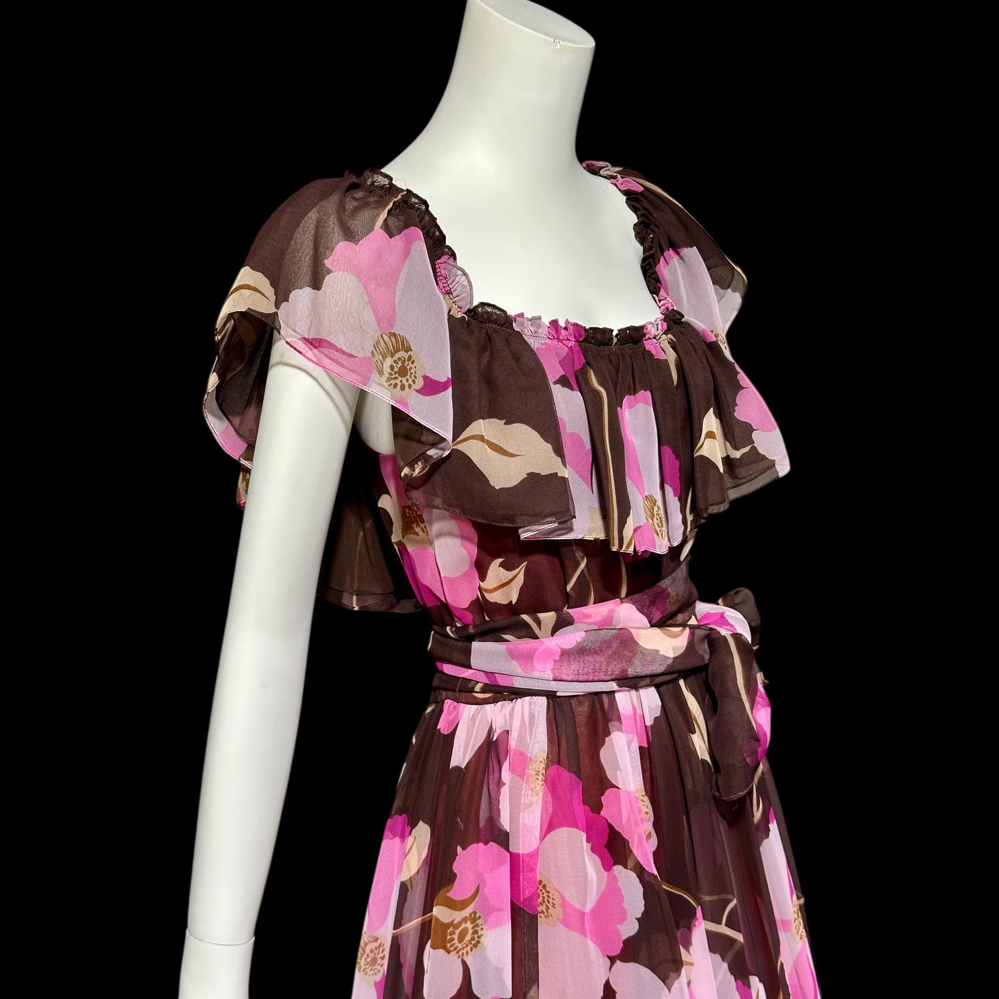 MIGNON New York, vintage 1970s floral Chiffon Maxi Dress, Chocolate Brown Hot Pink evening gown
