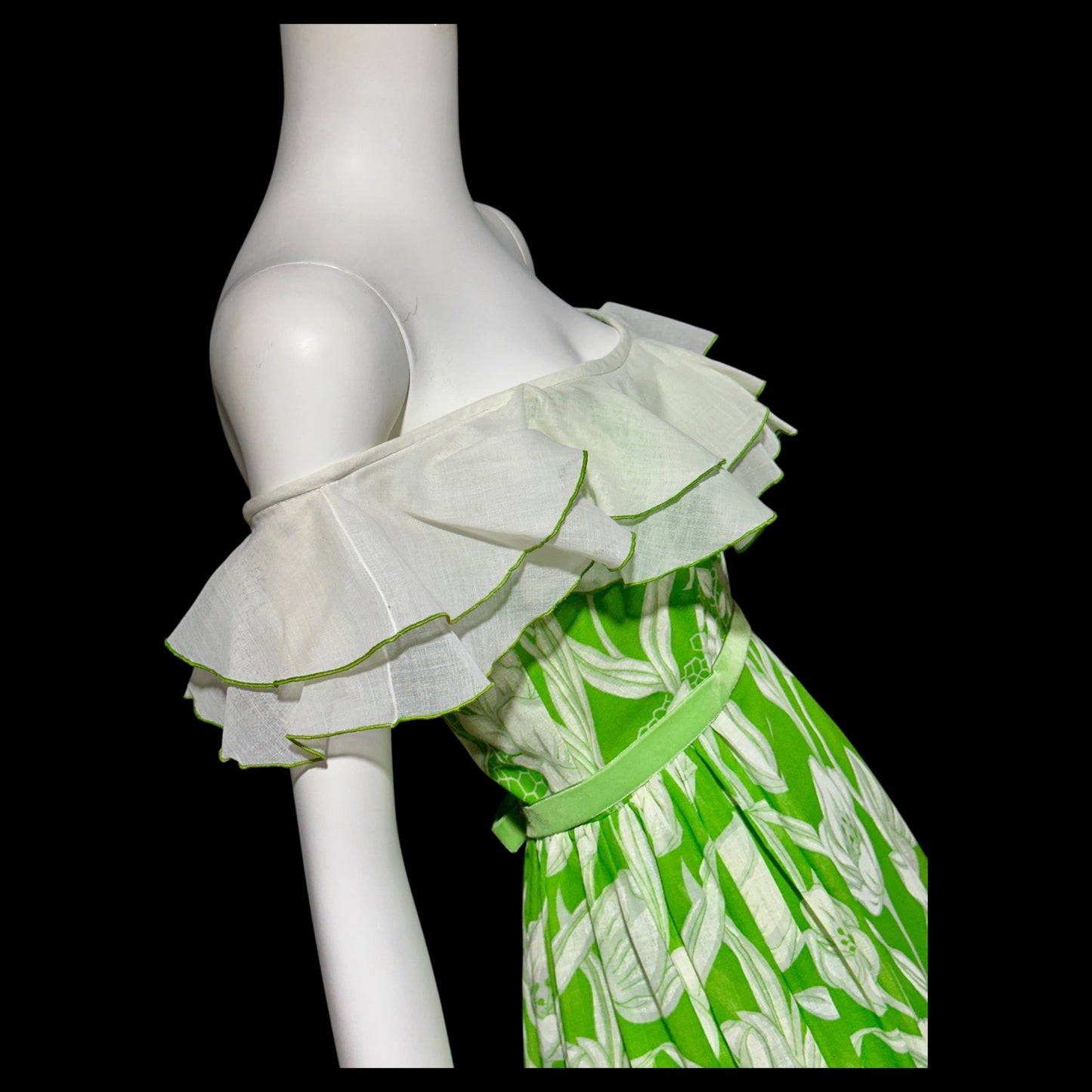 1970s vintage off shoulder maxi dress, Ruffle collar, sheer green and white floral, organza evening party dress