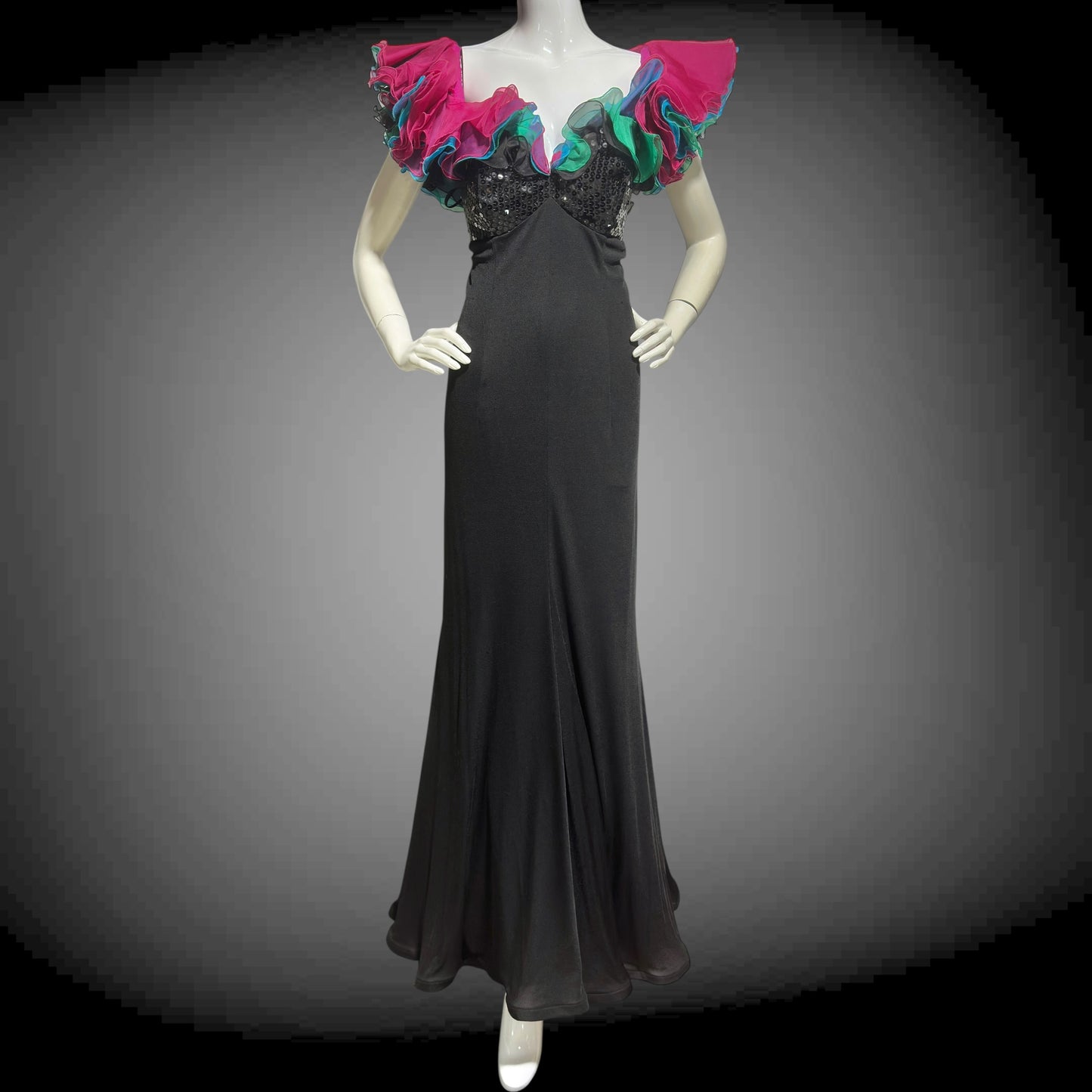 EUGENE ALEXANDER, vintage 1980s evening gown, Black sheath dress, HUGE ruffle collar, Sequin Bodice, on or off shoulders