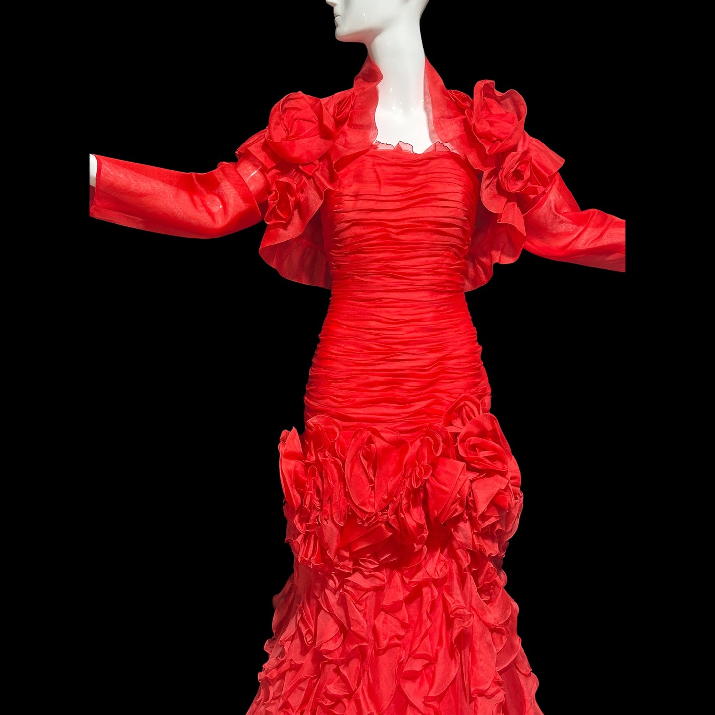 BELLVILLE SASSOON Lorcan Mullany, vintage 1980s evening dress, Red mermaid sheath gown, strapless tiered ruffles with matching bolero